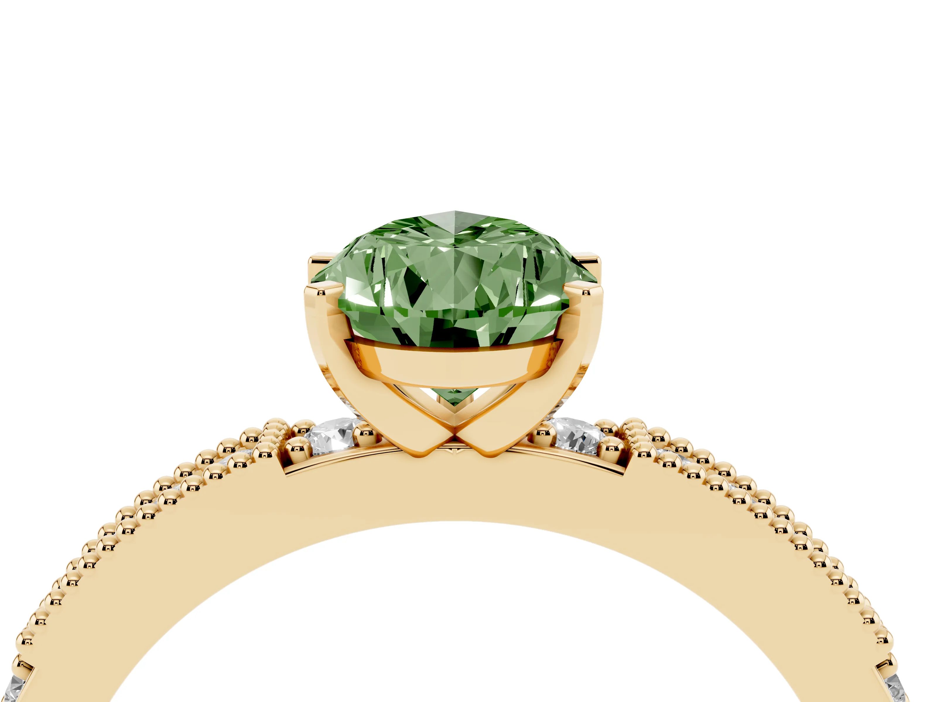 Fancy Green Pear Cut Diamond Solitaire Ring Set in Yellow gold with Slim Pavé Band and Prong Setting