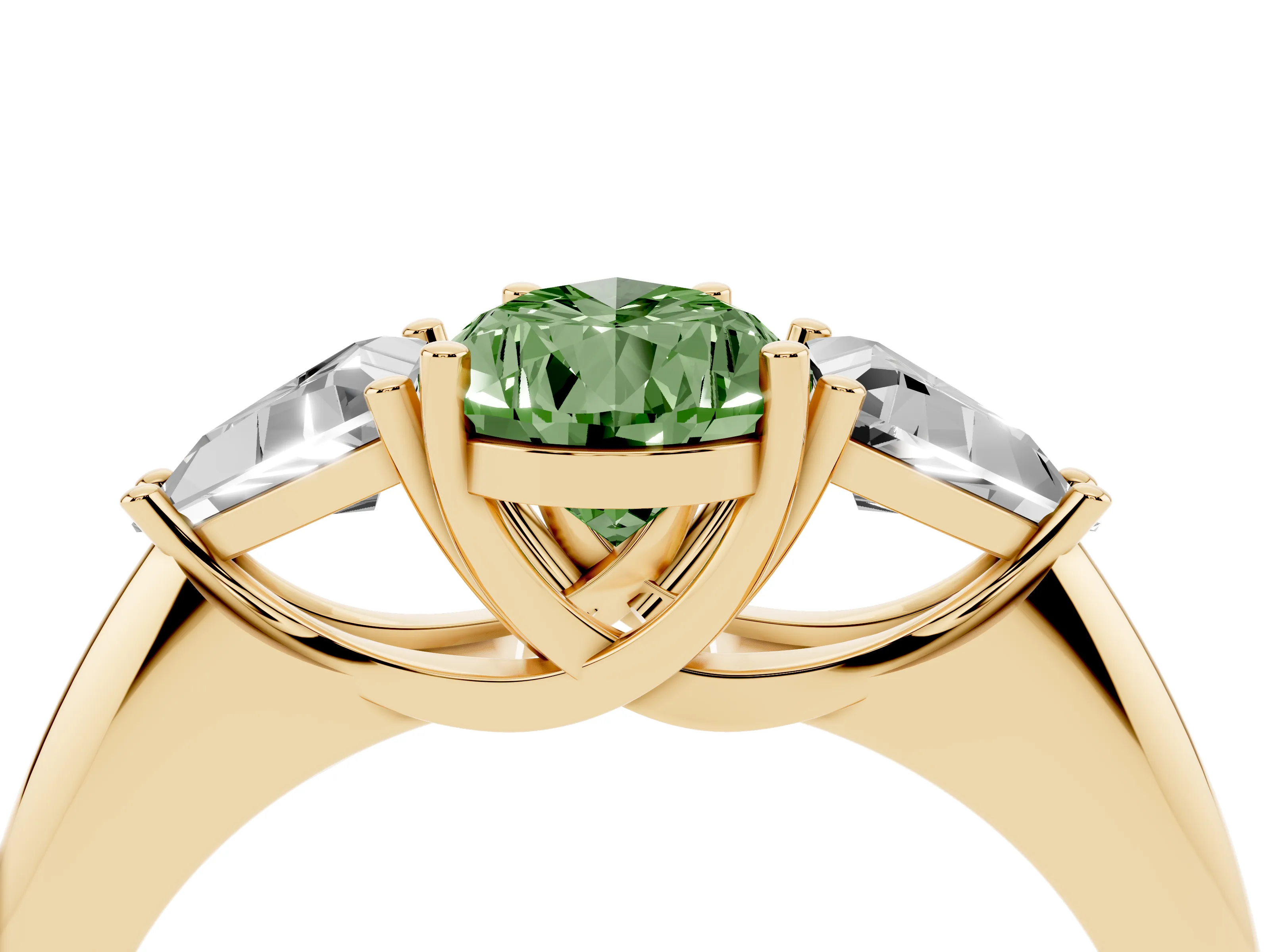 Fancy Green Pear Cut Diamond Three-Stone Engagement Ring Set in Yellow gold with Trillion Side Stones