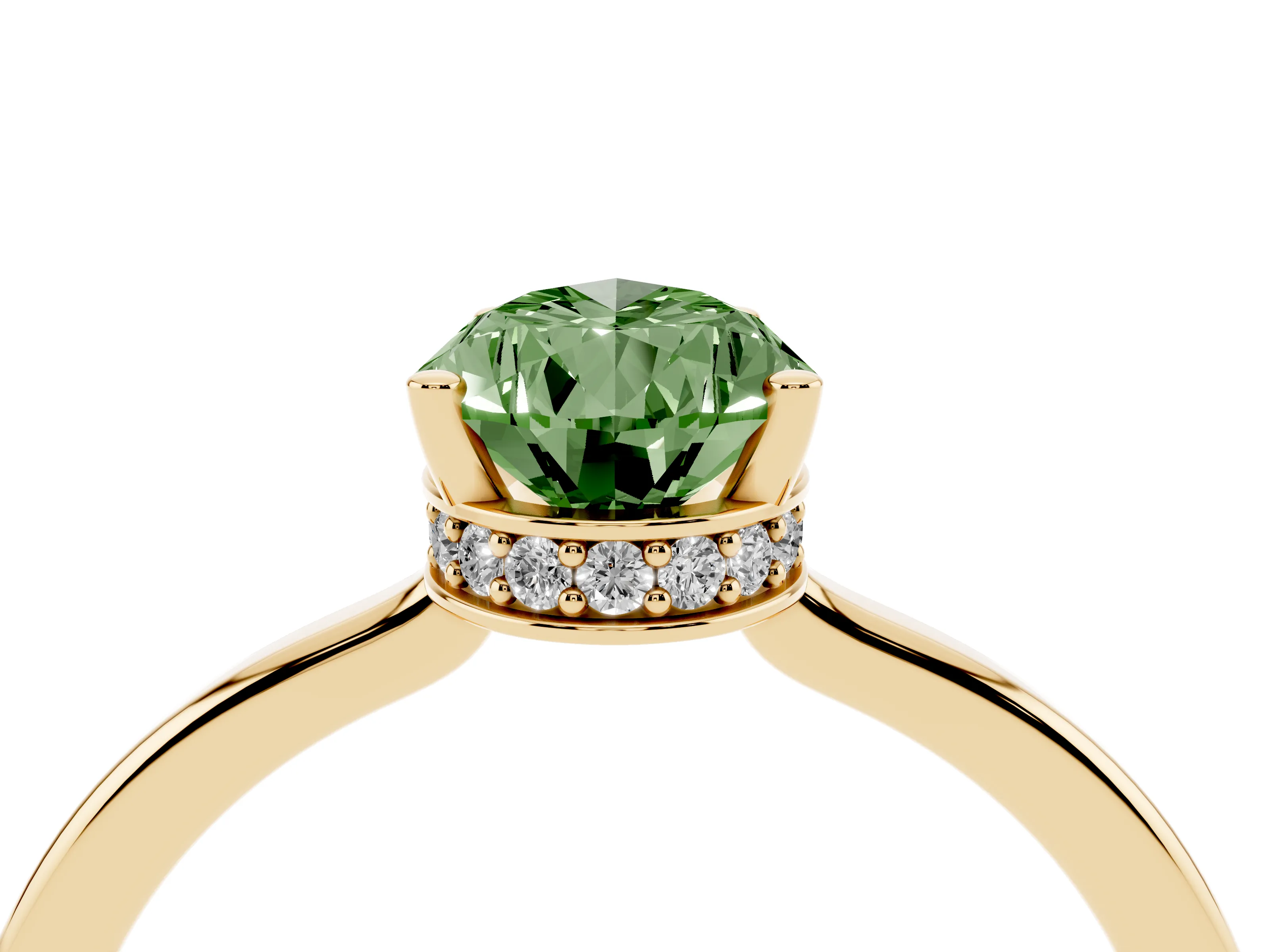Fancy Green Pear Cut Diamond Solitaire Engagement Ring Set in Yellow gold with Prong Setting on a Plain Band