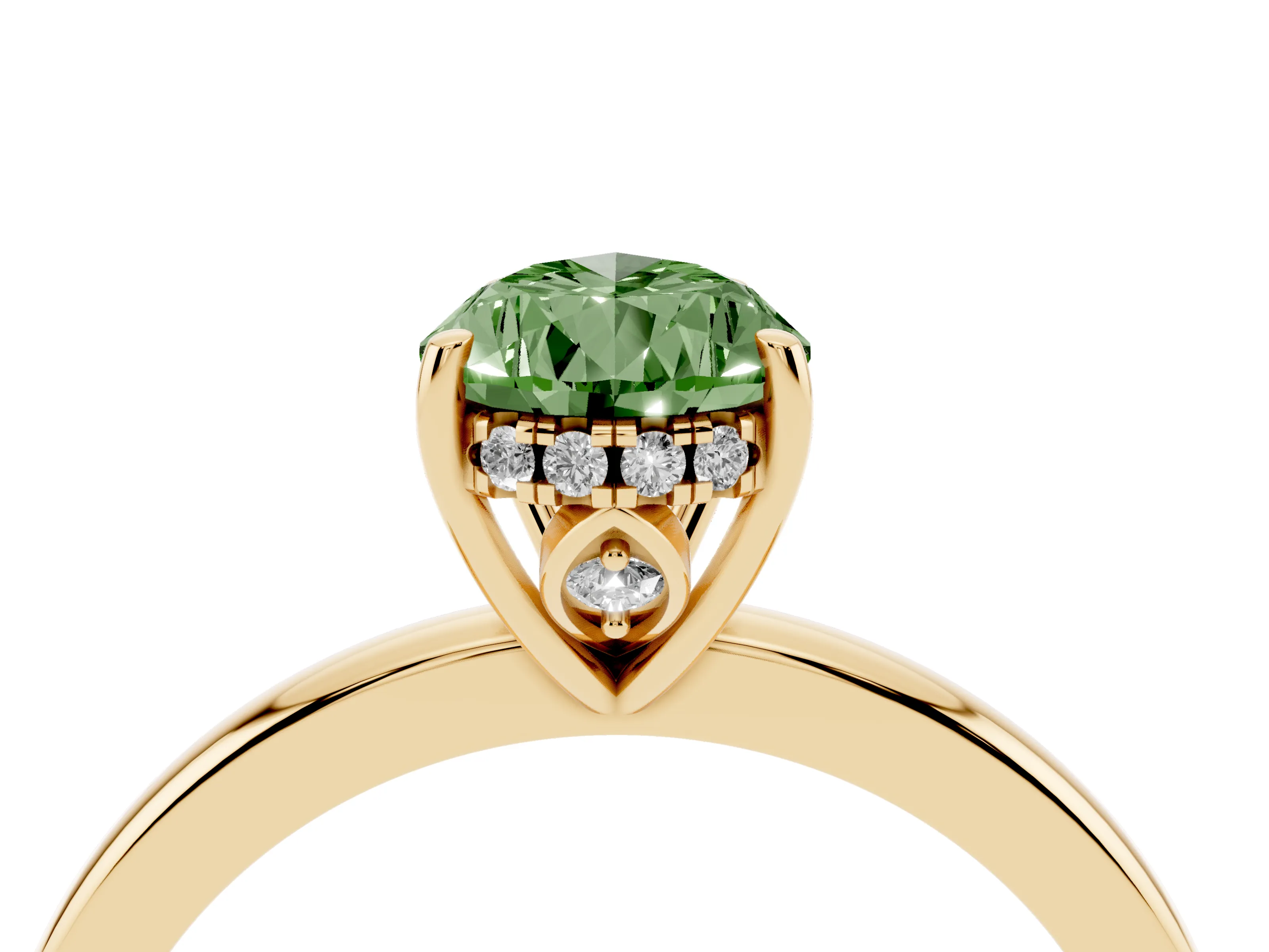 Fancy Green Pear Cut Diamond Solitaire Ring Set in Yellow gold with Plain Band and Prong Setting