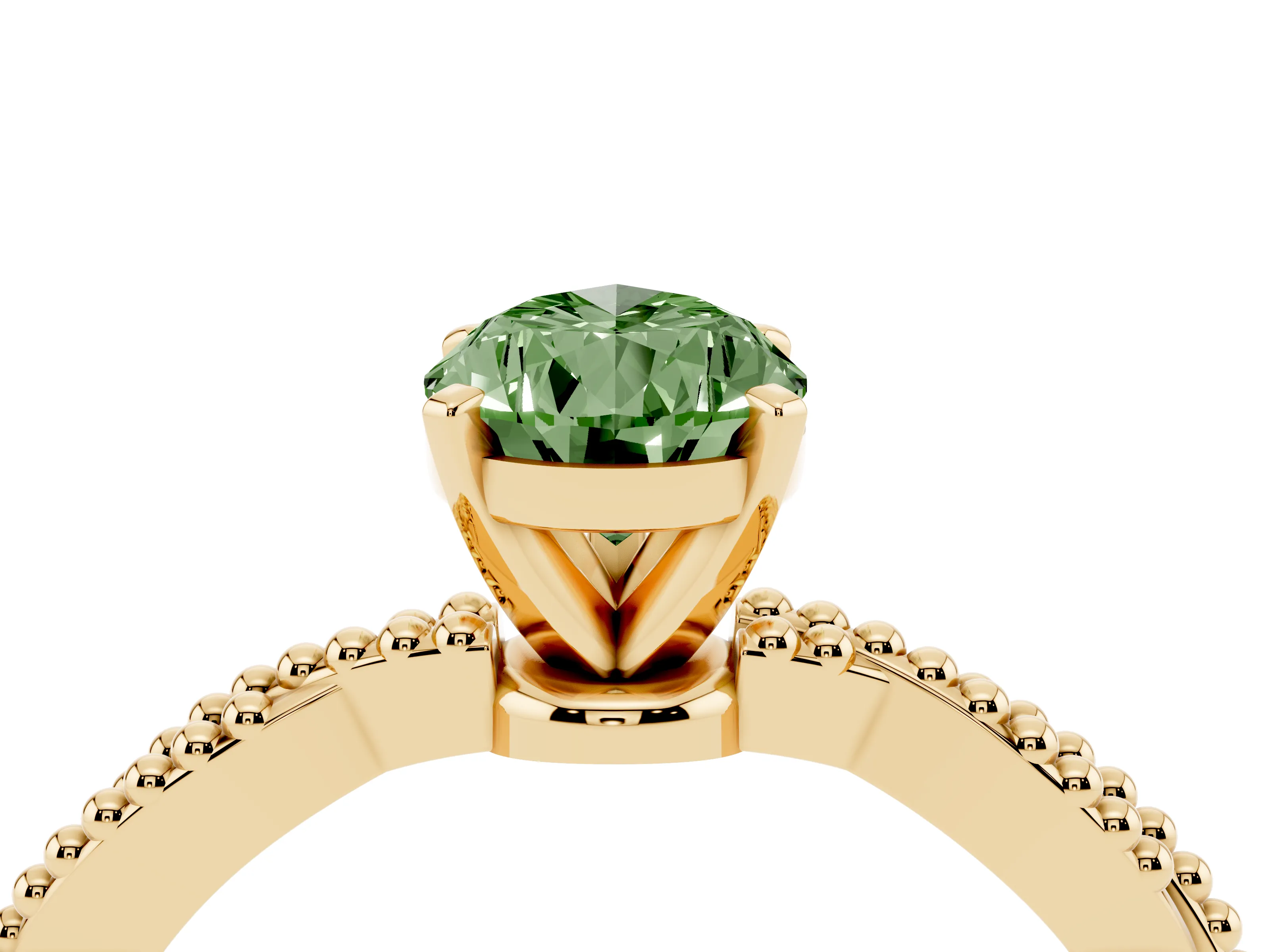 Fancy Green Pear Cut Diamond Solitaire Ring Set in Yellow gold with Twisted Band and Bead Prong Setting