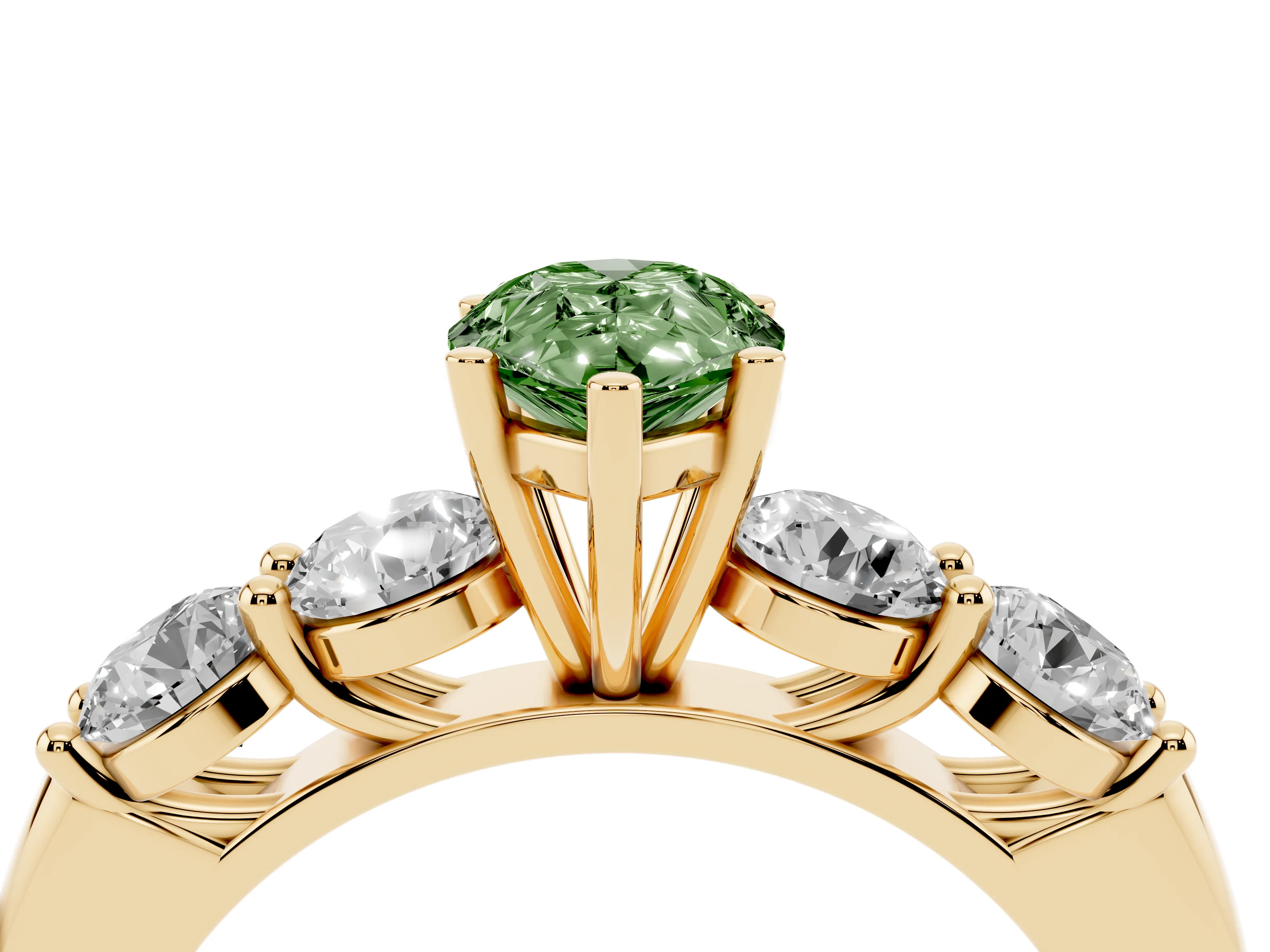 Fancy Green Pear Cut Diamond Five-Stone Prong Set Ring Set in Yellow gold with Classic Band
