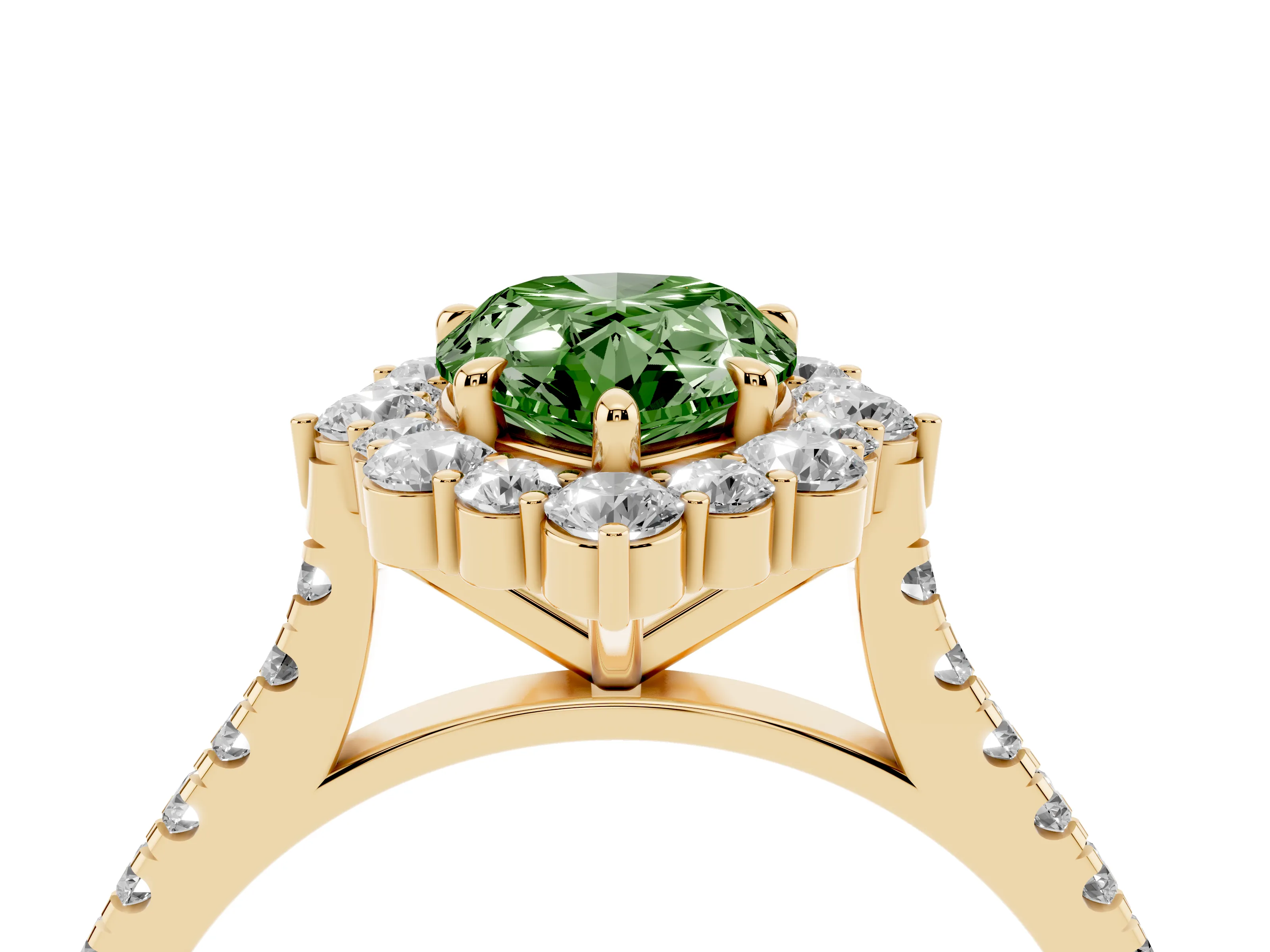 Fancy Green Pear Cut Diamond Halo Ring Set in Yellow gold with Pavé Band and Prong Setting