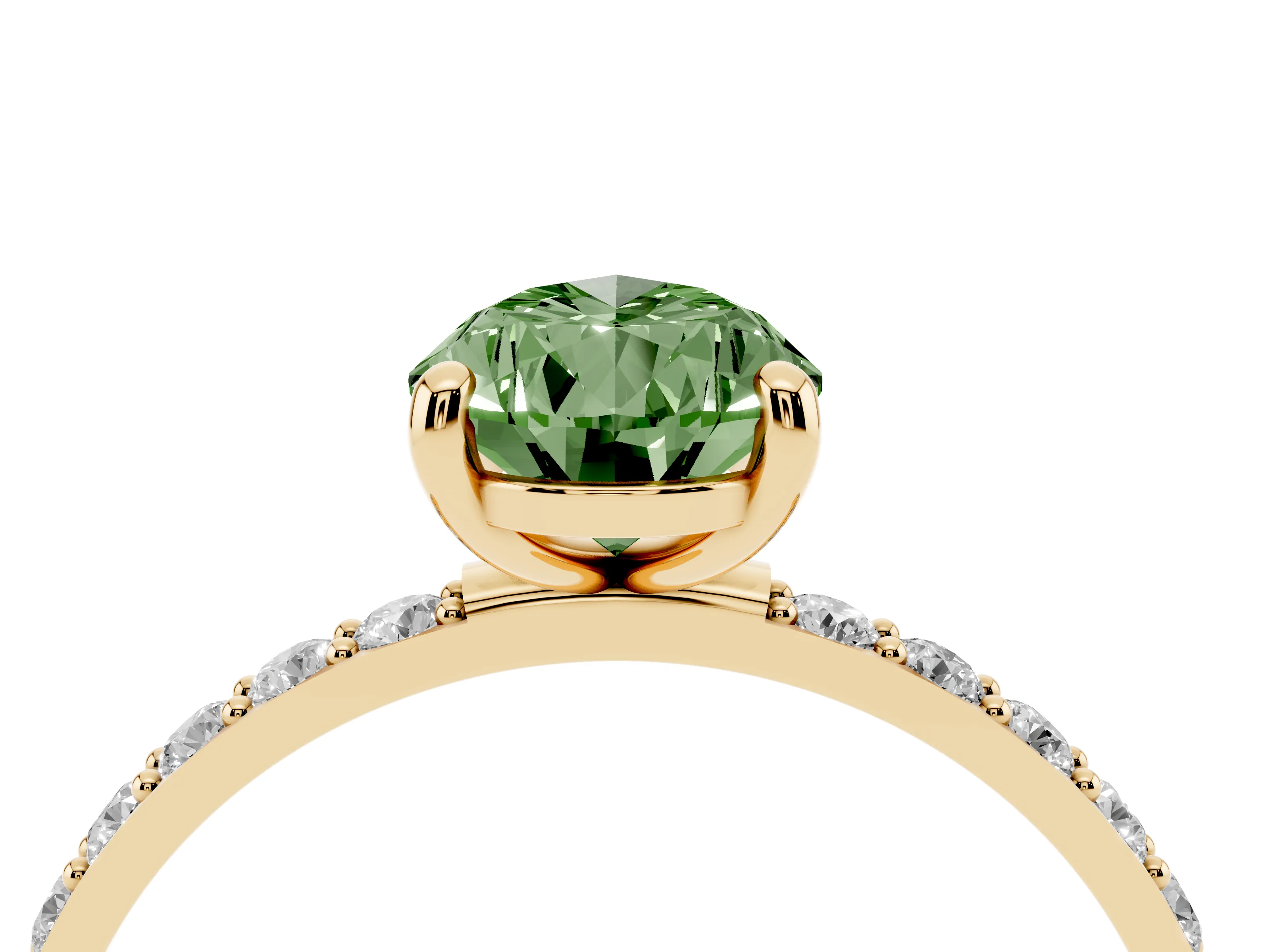 Fancy Green Pear Cut Diamond Solitaire Ring Set in Yellow gold with Round Pavé Band and Prong Setting