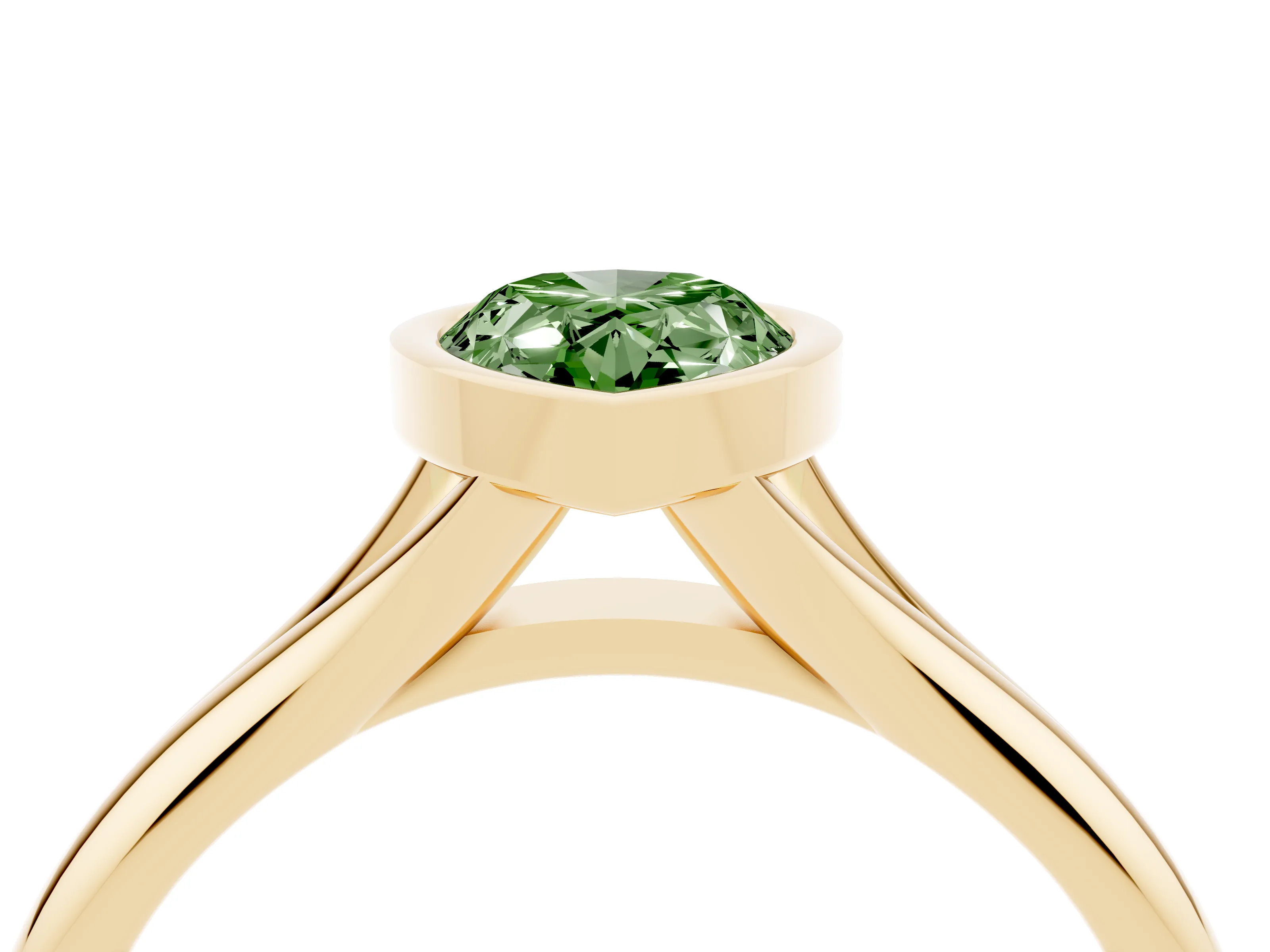 Fancy Green Bezel Set Pear Cut Diamond Solitaire Ring Set in Yellow gold with Smooth Band
