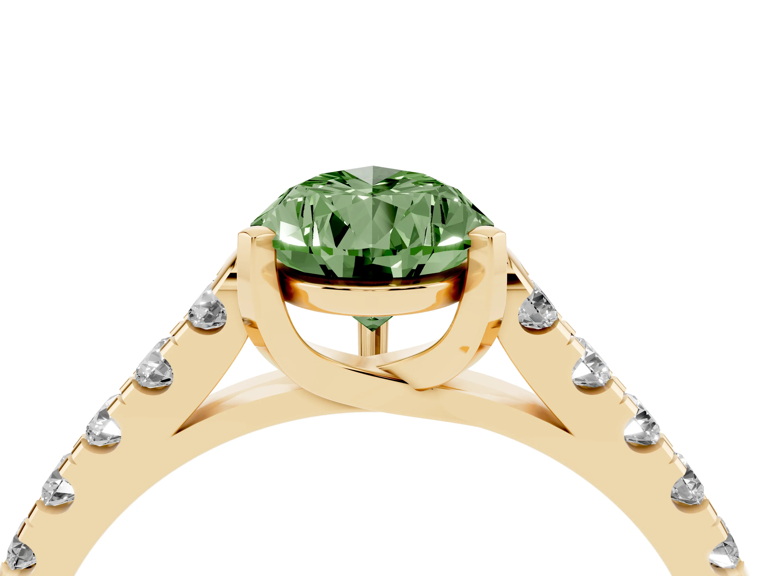 Fancy Green Pear Cut Diamond Pavé Band Solitaire Ring Set in Yellow gold with Partway Accent Stones and Prong Setting
