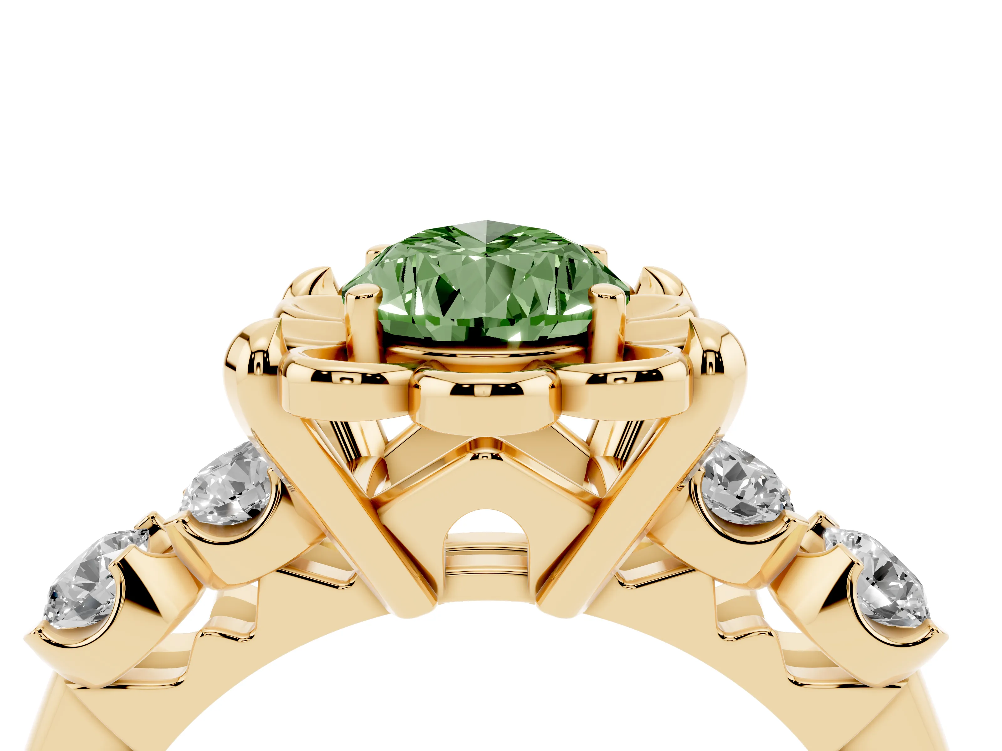 Fancy Green Pear Cut Diamond Floral Halo Ring Set in Yellow gold with Shared Prong Band