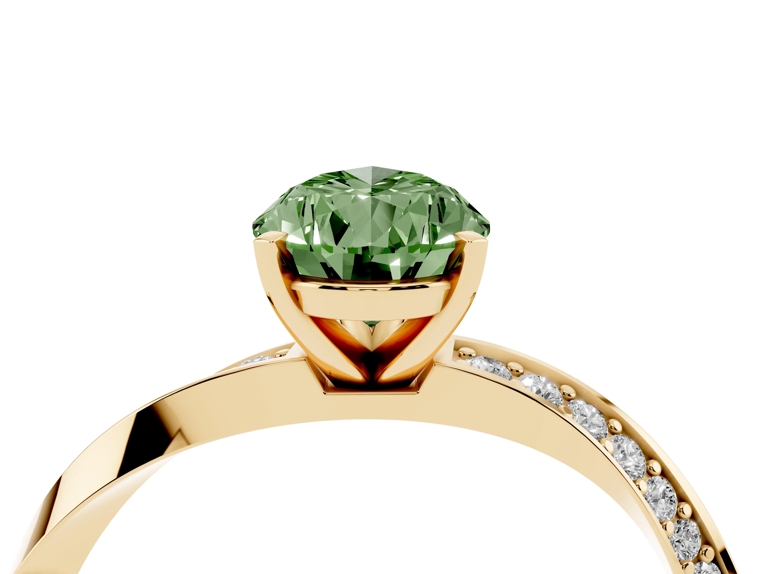 Fancy Green Pear Cut Diamond Engagement Ring Set in Yellow gold with Side Stone Accents and Prong Setting
