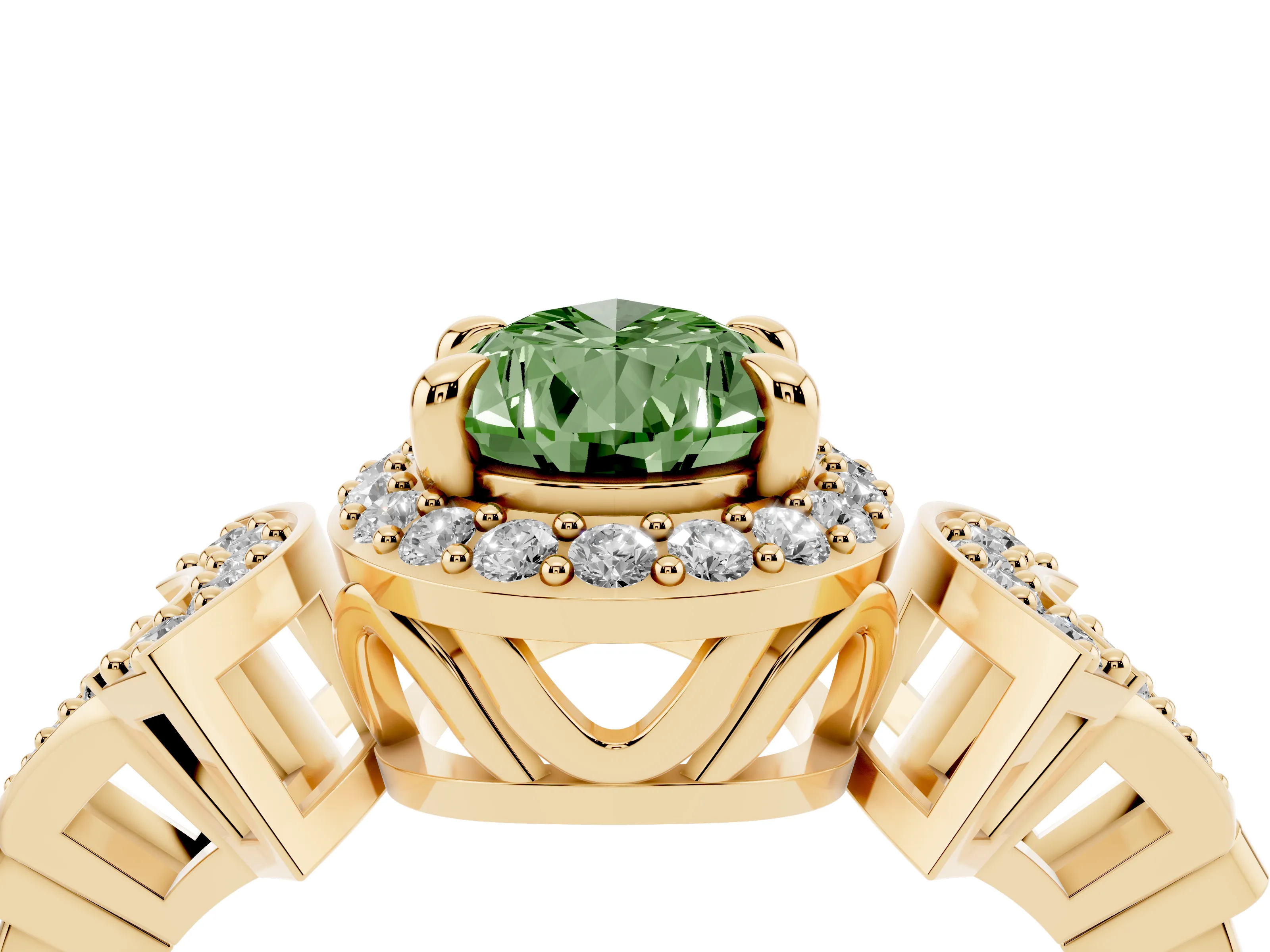 Fancy Green Pear Cut Diamond Halo Engagement Ring Set in Yellow gold with Accent Stone Split Shank