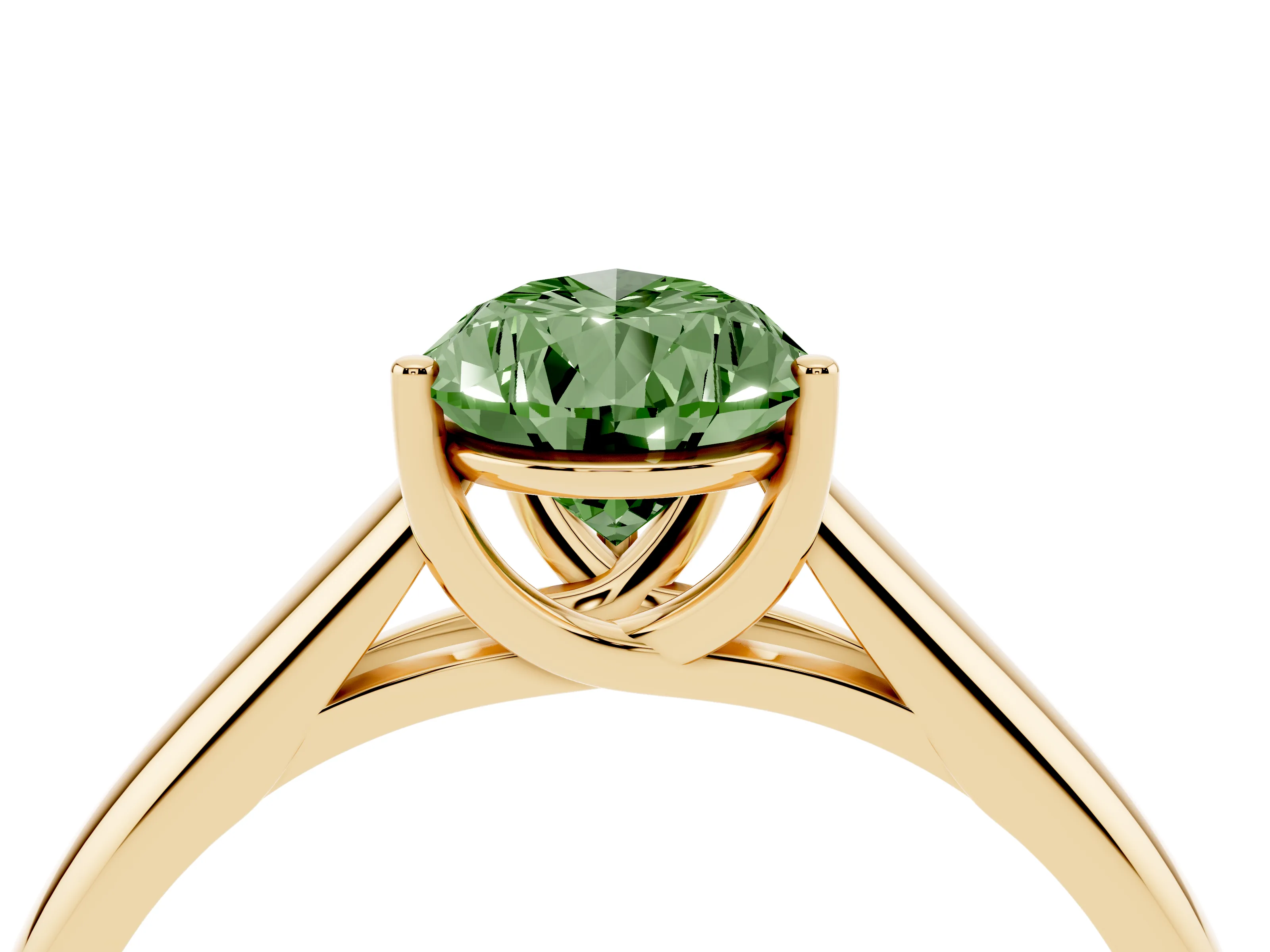 Fancy Green Pear Cut Diamond Solitaire Engagement Ring Set in Yellow gold with Subtly Tapered Band and Prong Setting