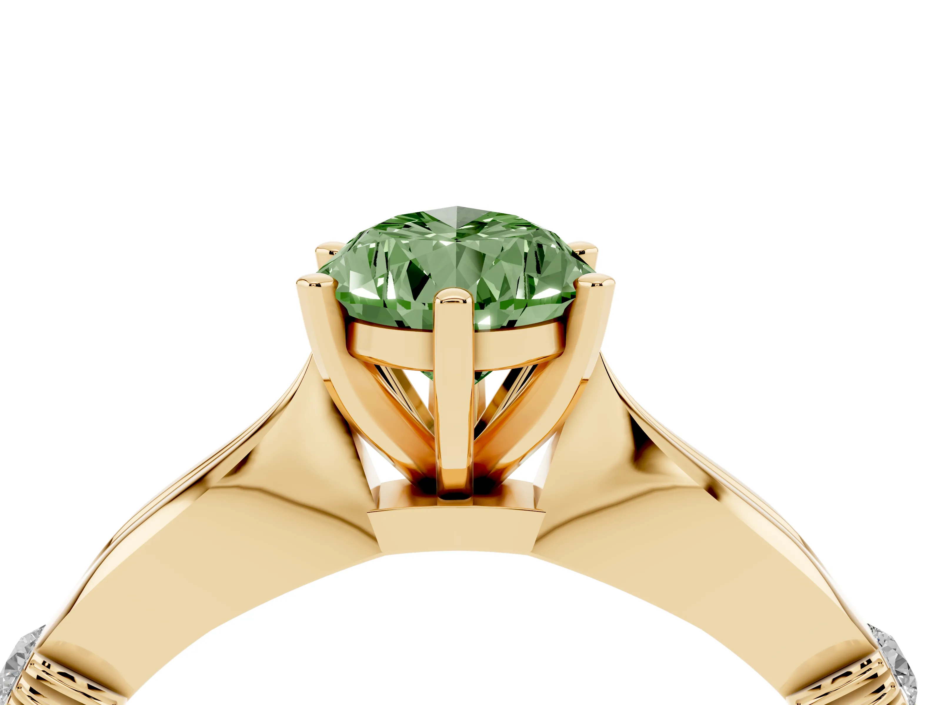 Fancy Green Pear Cut Diamond Solitaire Twisted Band Ring Set in Yellow gold with Accent Stones and Prong Setting