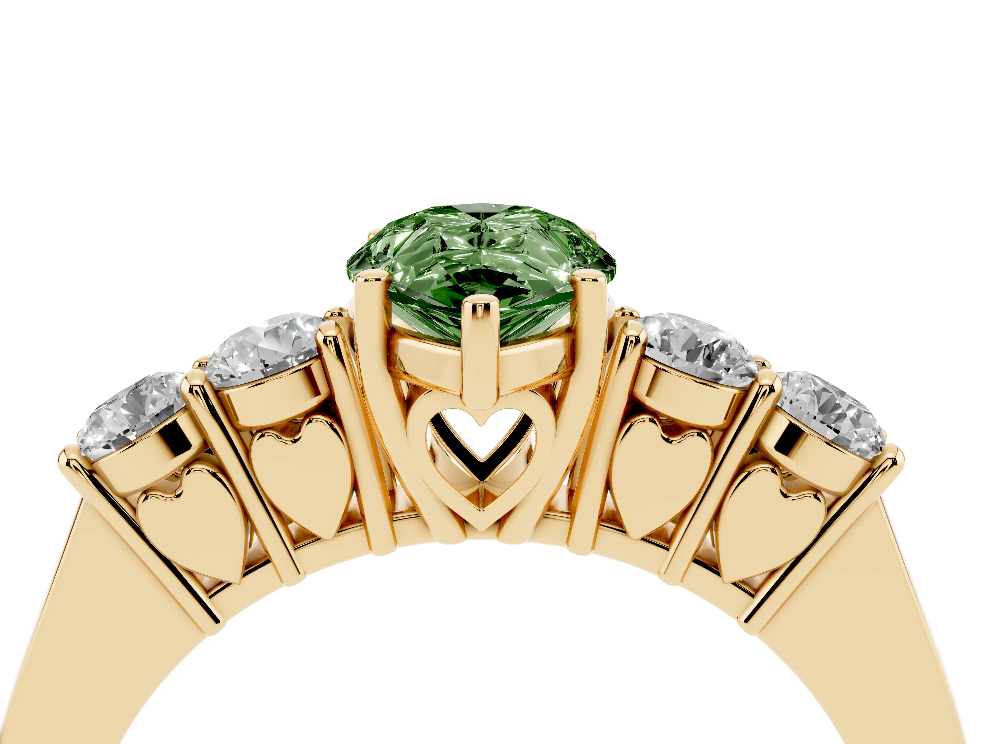Fancy Green Pear Cut Diamond Five-Stone Prong Set Band Ring Set in Yellow gold with Polished Band