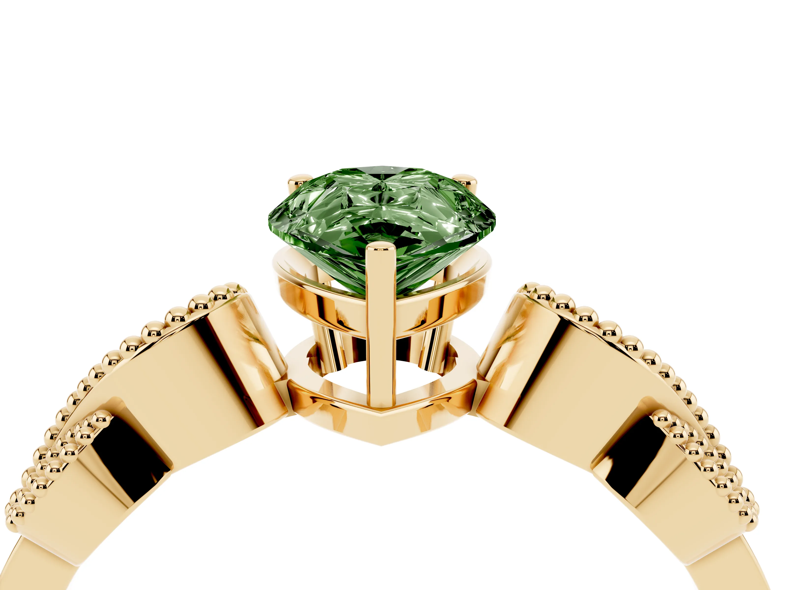 Fancy Green Pear Cut Diamond Milgrain Leaf Band Solitaire Ring Set in Yellow gold with Accent Stones and Prong Setting
