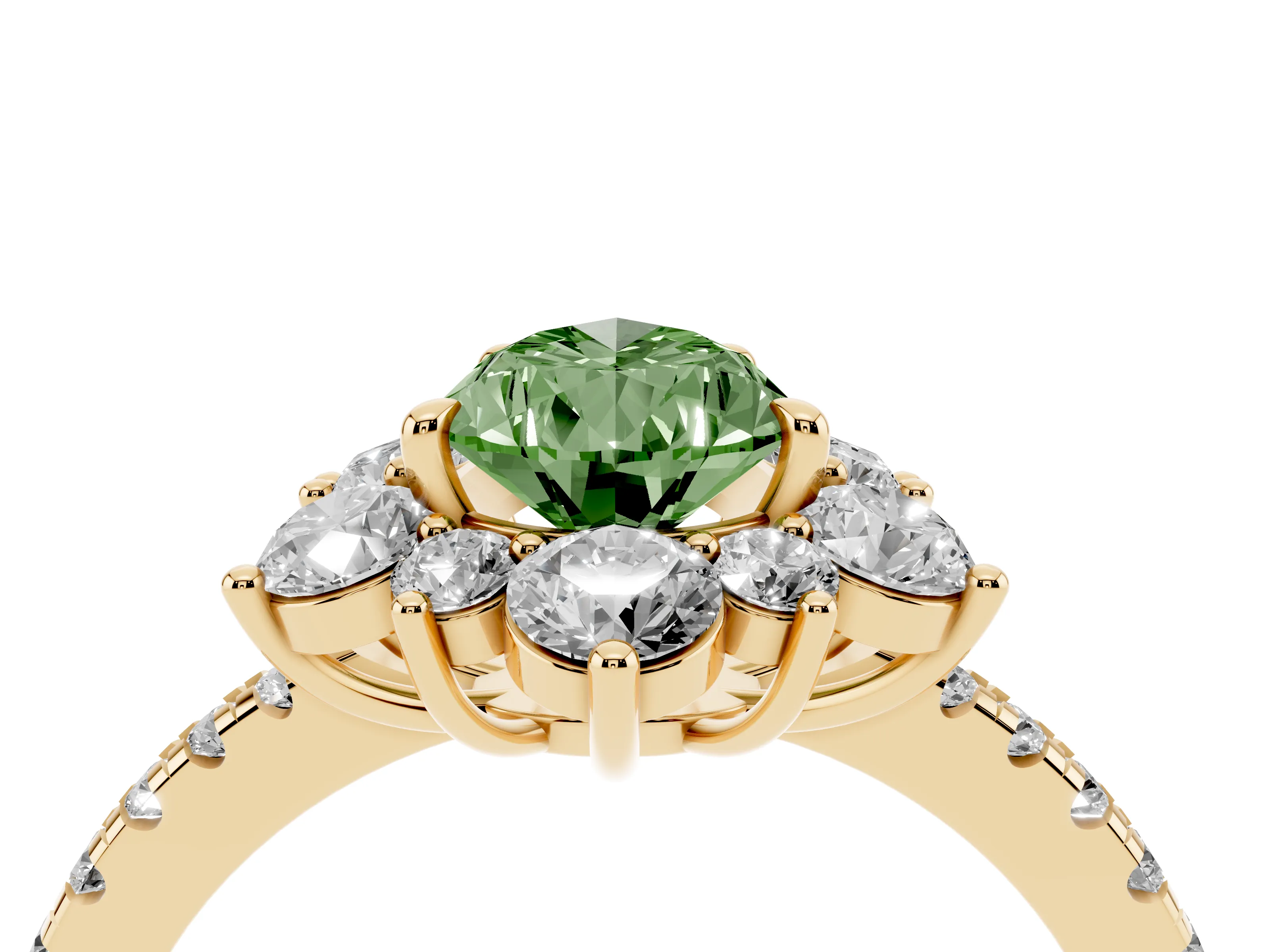Fancy Green Pear Cut Diamond Floral Halo Ring Set in Yellow gold with Round Pavé Band and Prong Setting