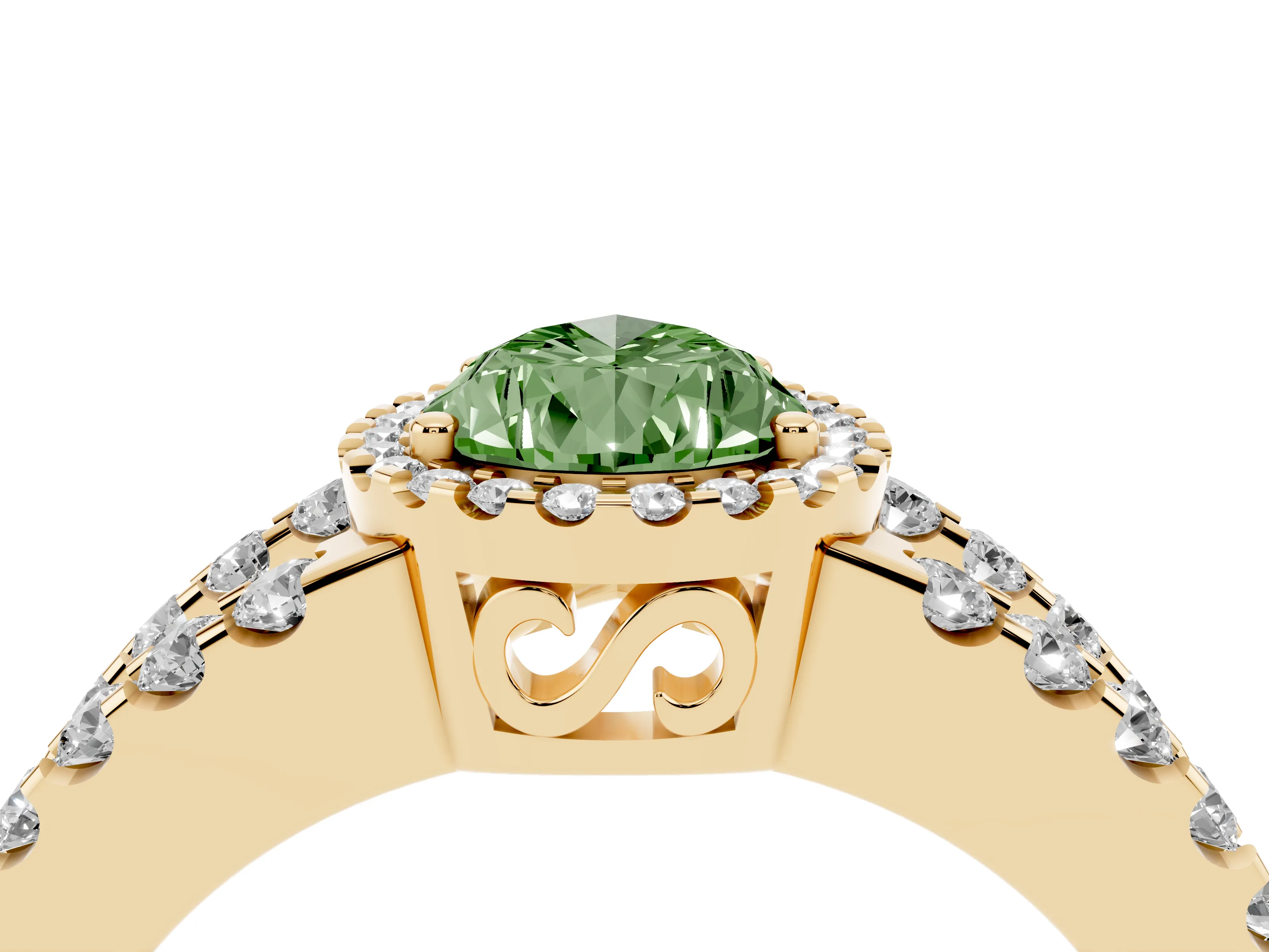 Fancy Green Pear Cut Diamond Halo Ring Set in Yellow gold with Pavé Split Shank and Prong Setting