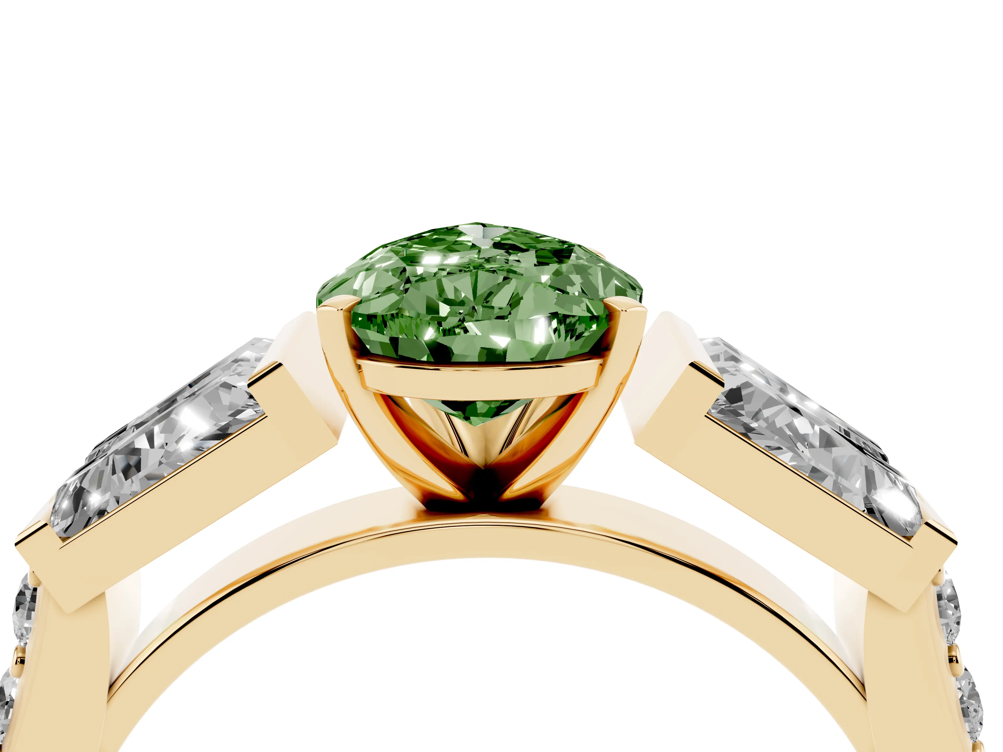 Fancy Green Pear Cut Diamond Engagement Ring Set in Yellow gold with Baguette Side Stones and Channel Set Band