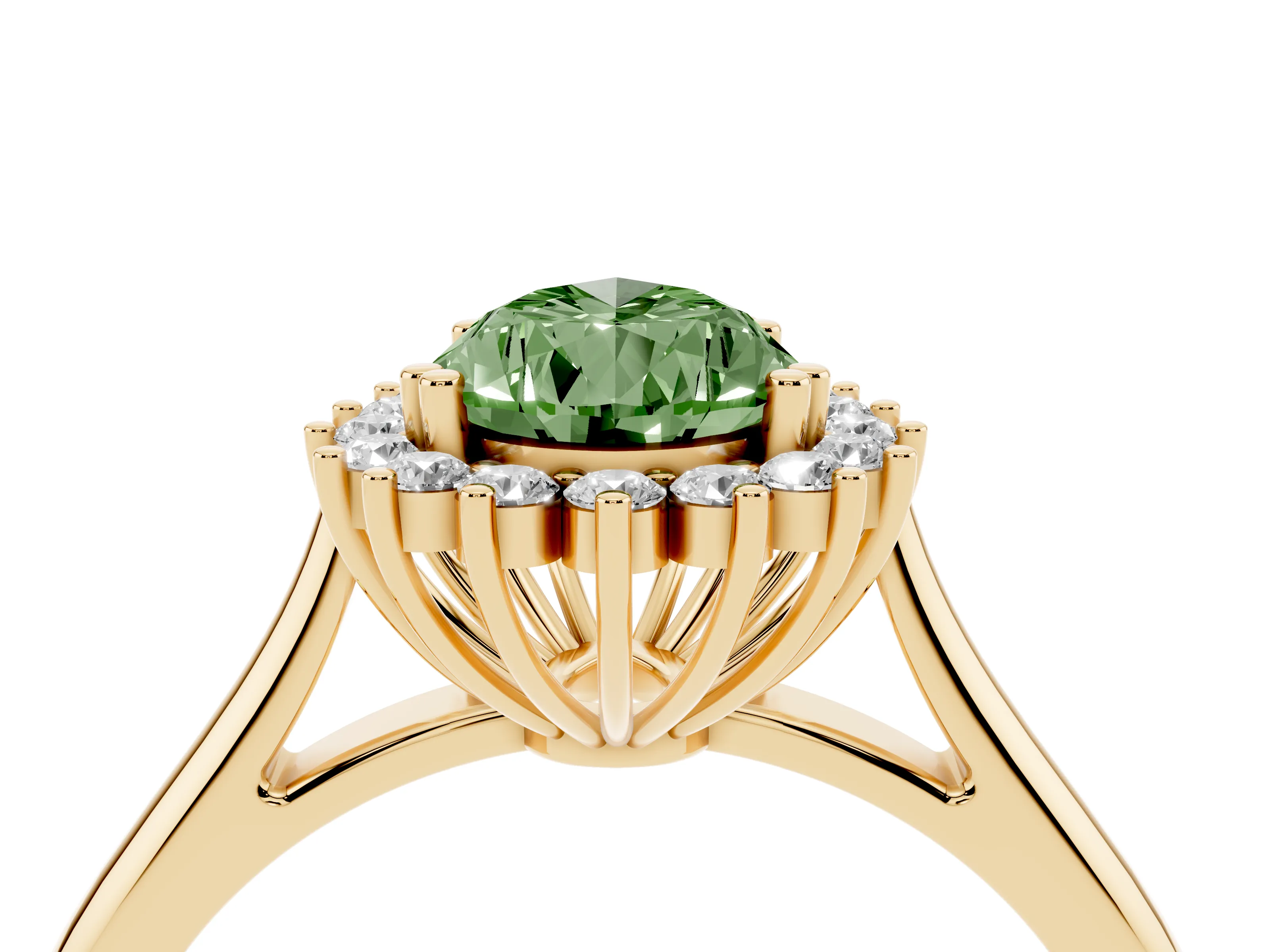 Fancy Green Pear Cut Diamond Halo Ring Set in Yellow gold with Plain Solitaire Band and Prong Setting