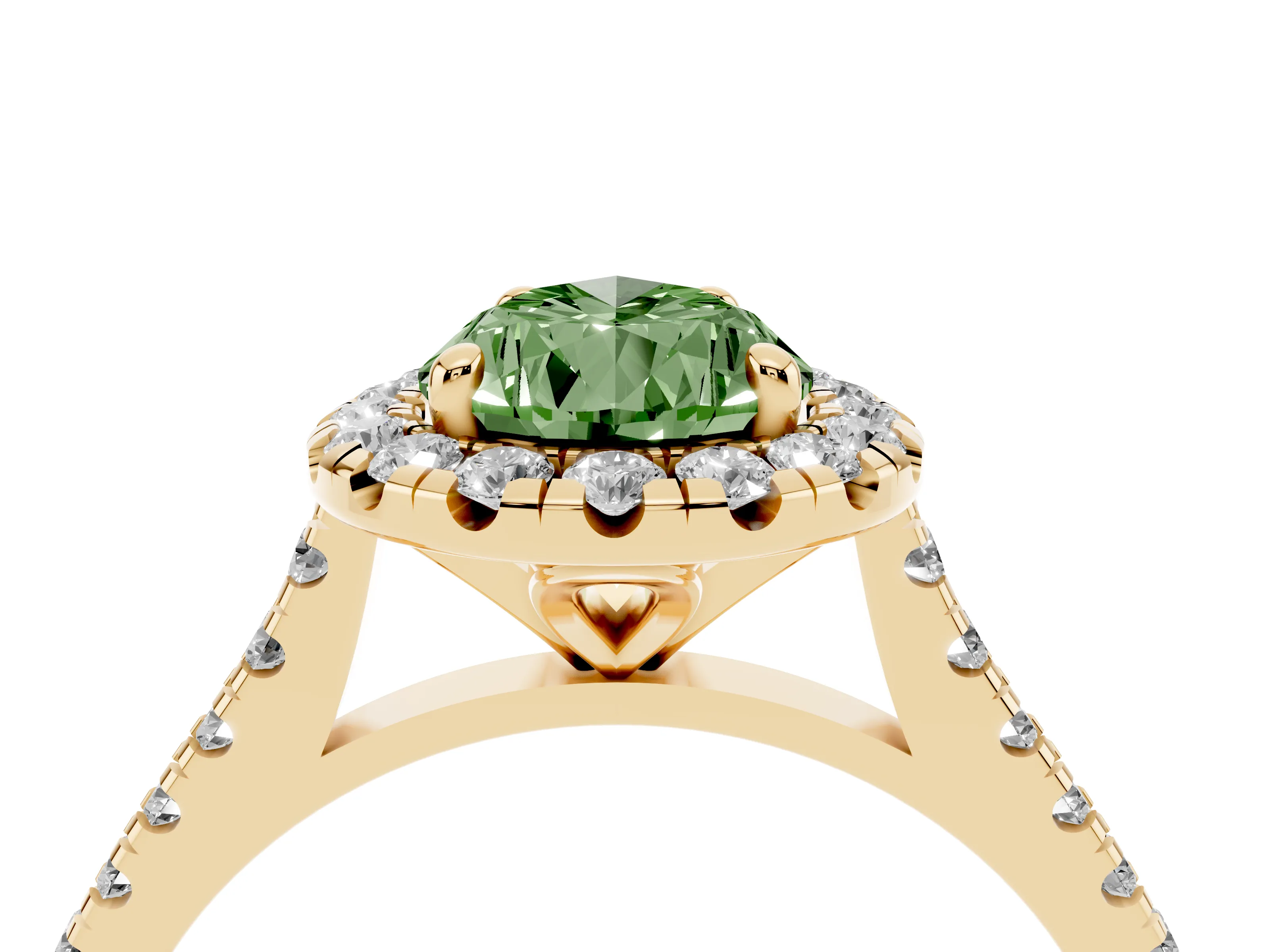 Fancy Green Pear Cut Diamond Cushion Halo Ring Set in Yellow gold with Pavé Band