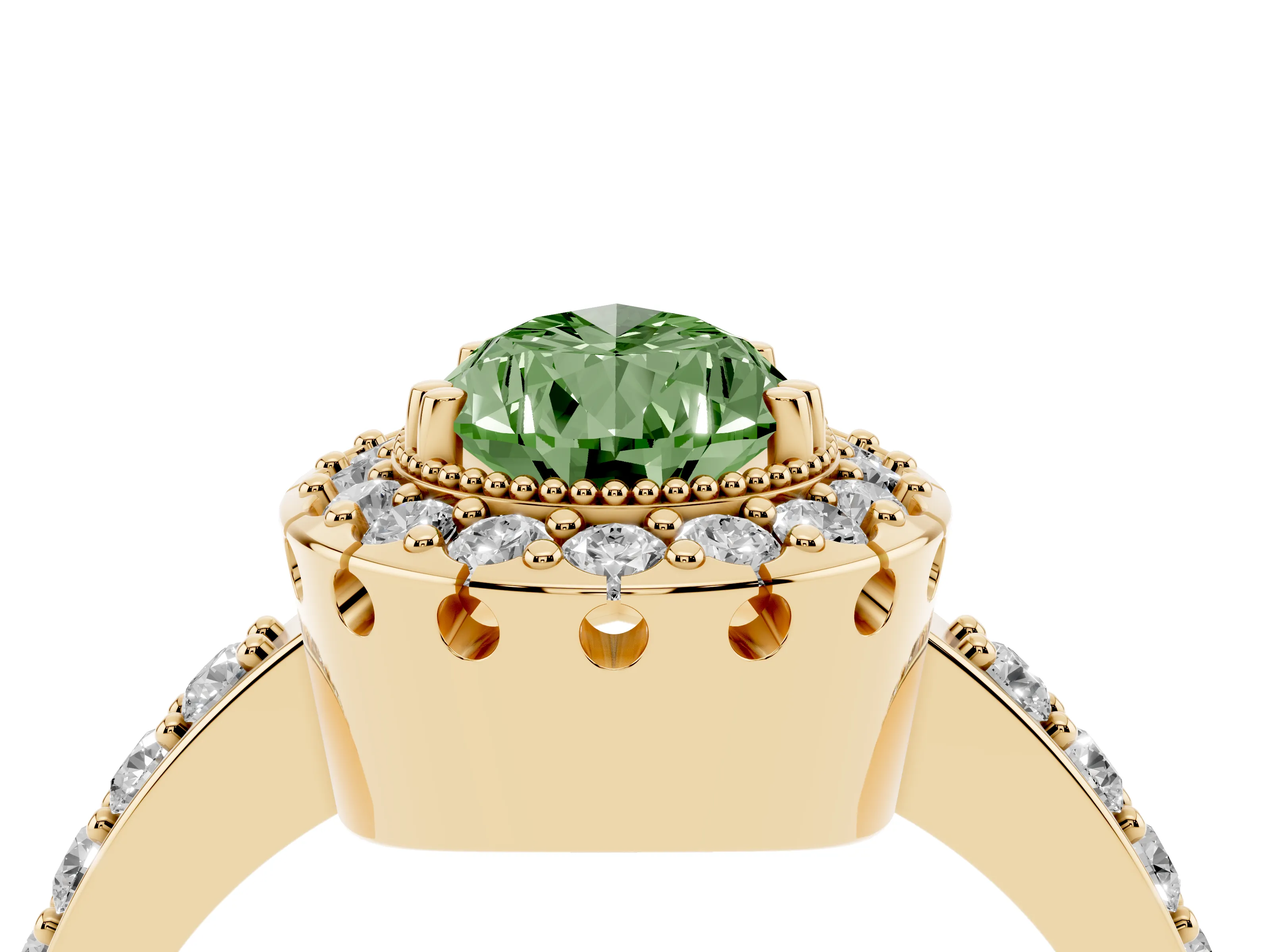 Fancy Green Pear Cut Diamond Halo Ring Set in Yellow gold with Pavé Shank and Prong Setting