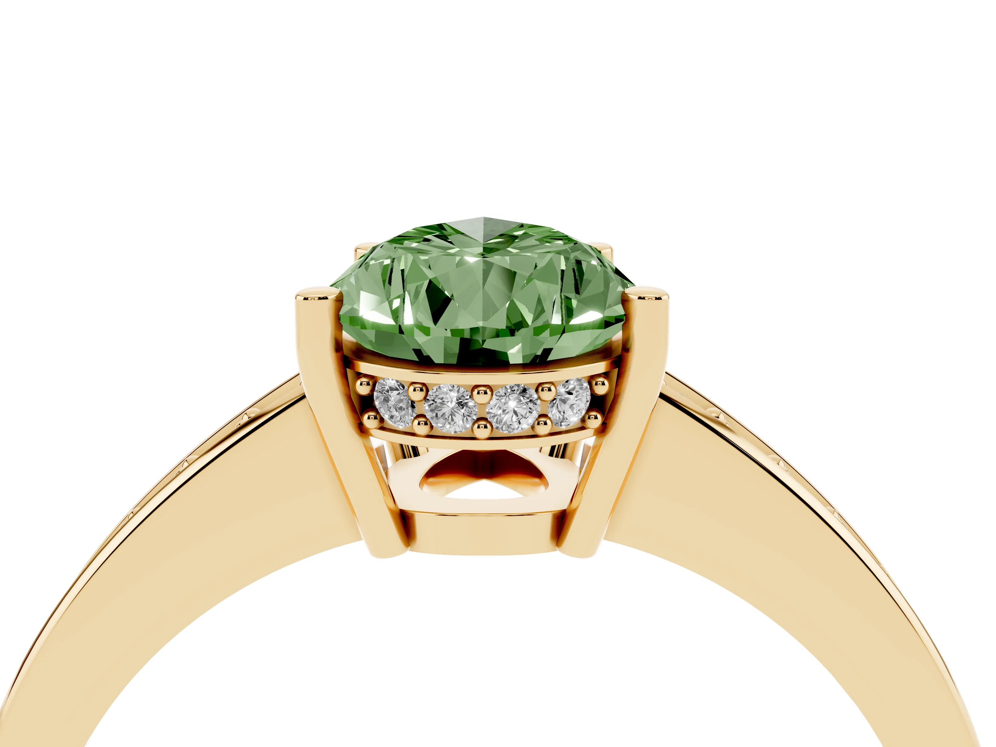 Fancy Green Pear Cut Diamond Pavé Band Prong Set Solitaire Ring Set in Yellow gold