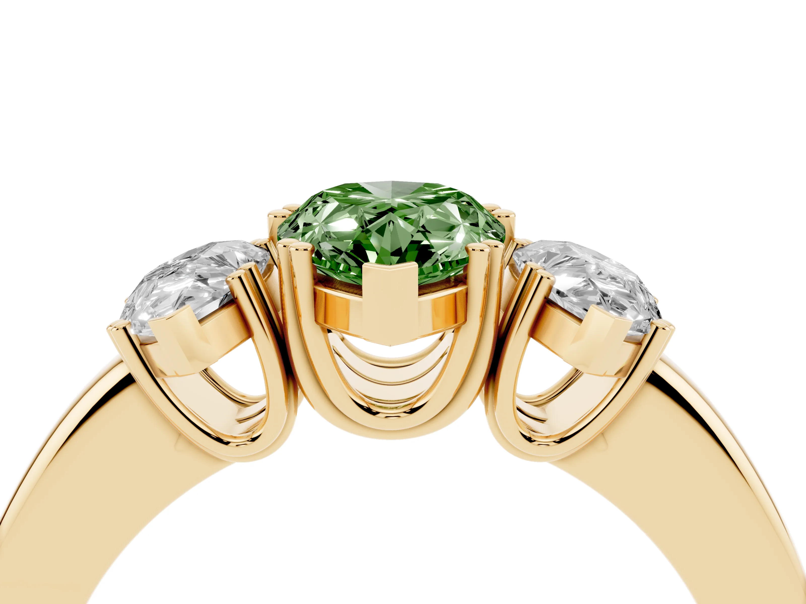 Fancy Green Pear Cut Diamond Three-Stone Ring Set in Yellow gold with Polished Channel-Set Band