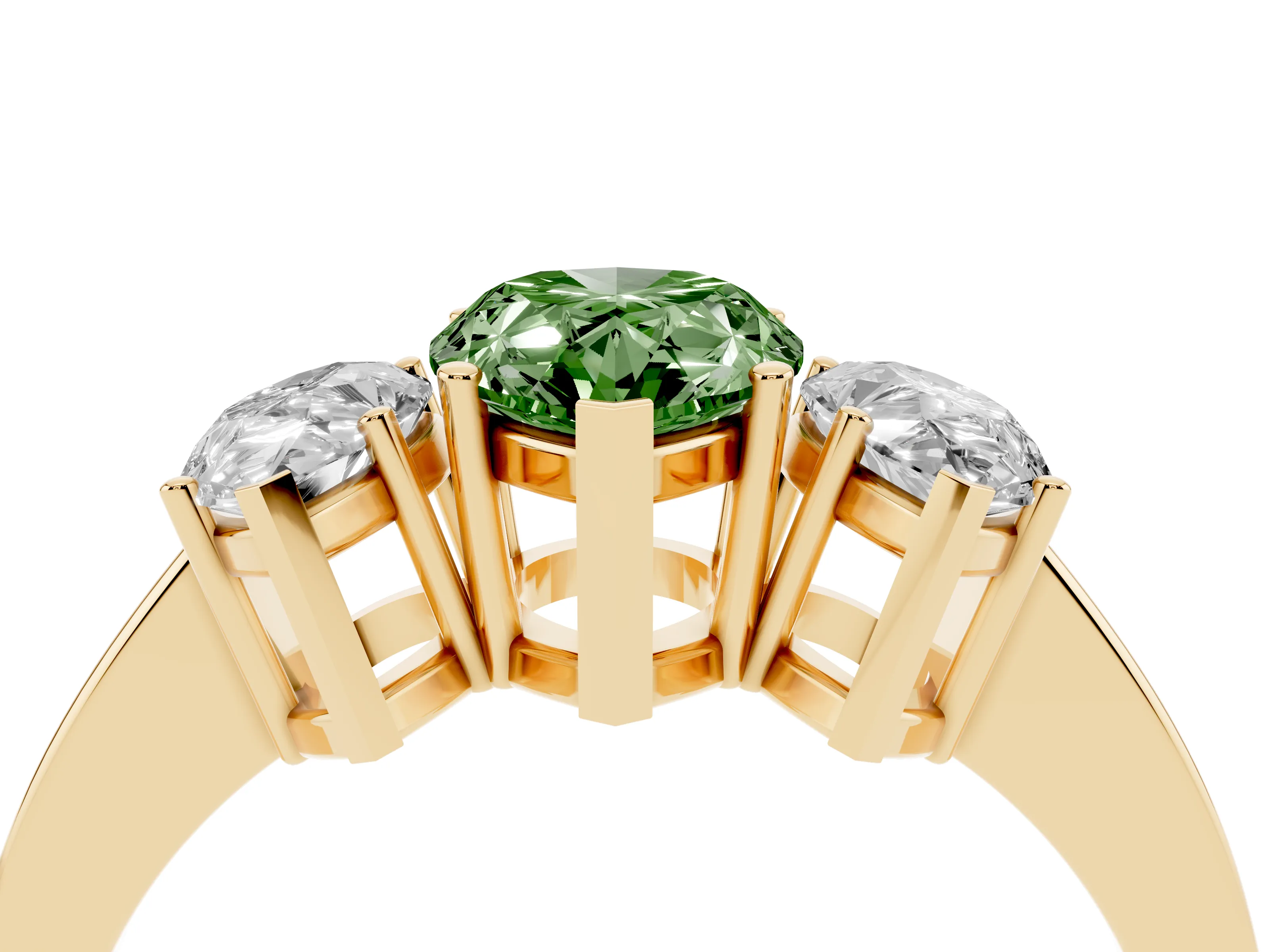 Fancy Green Pear Cut Diamond Three-Stone Engagement Ring Set in Yellow gold with Flat Band