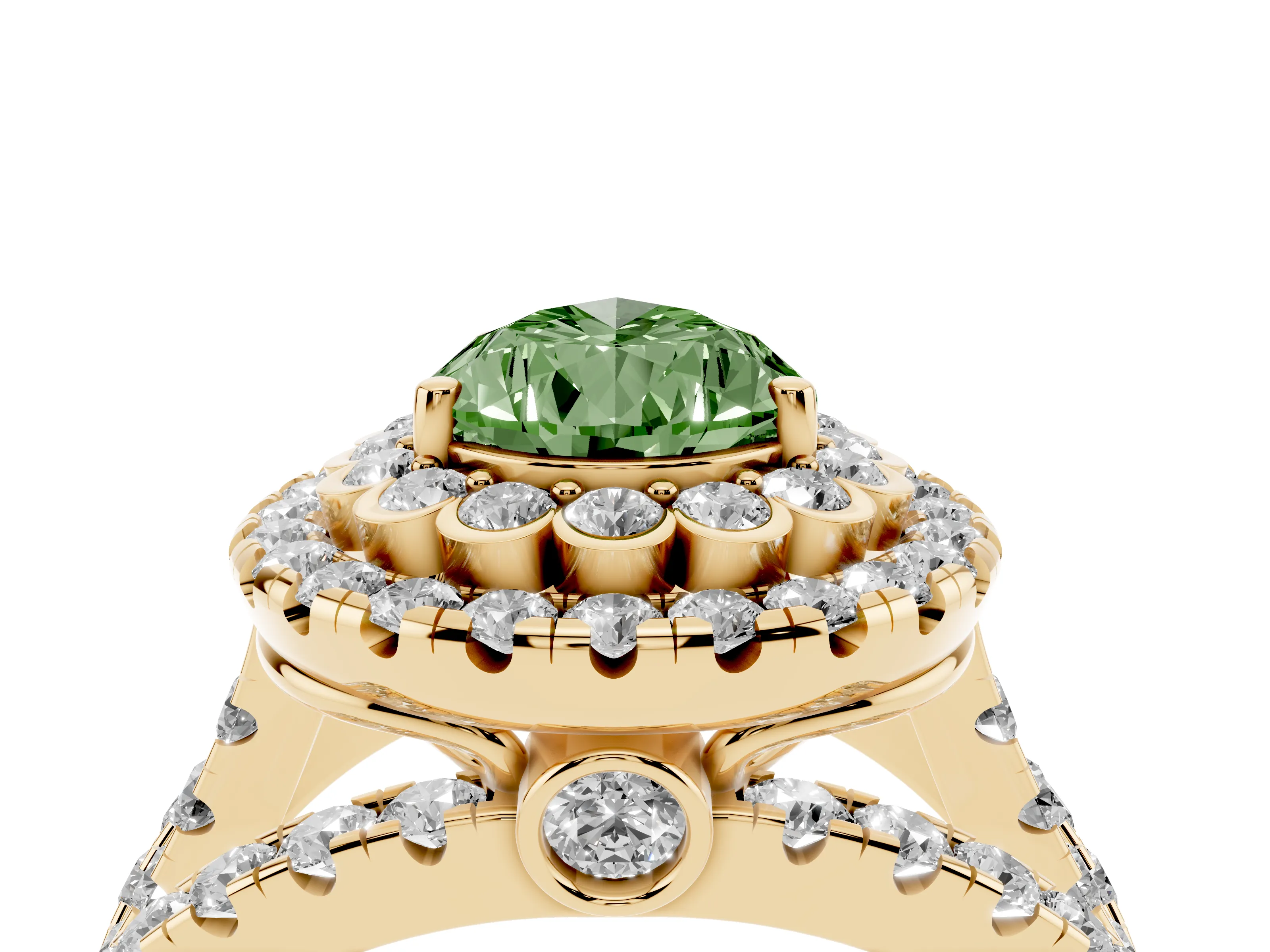 Fancy Green Pear Cut Diamond Double Halo Ring Set in Yellow gold with Round Pavé Split Shank