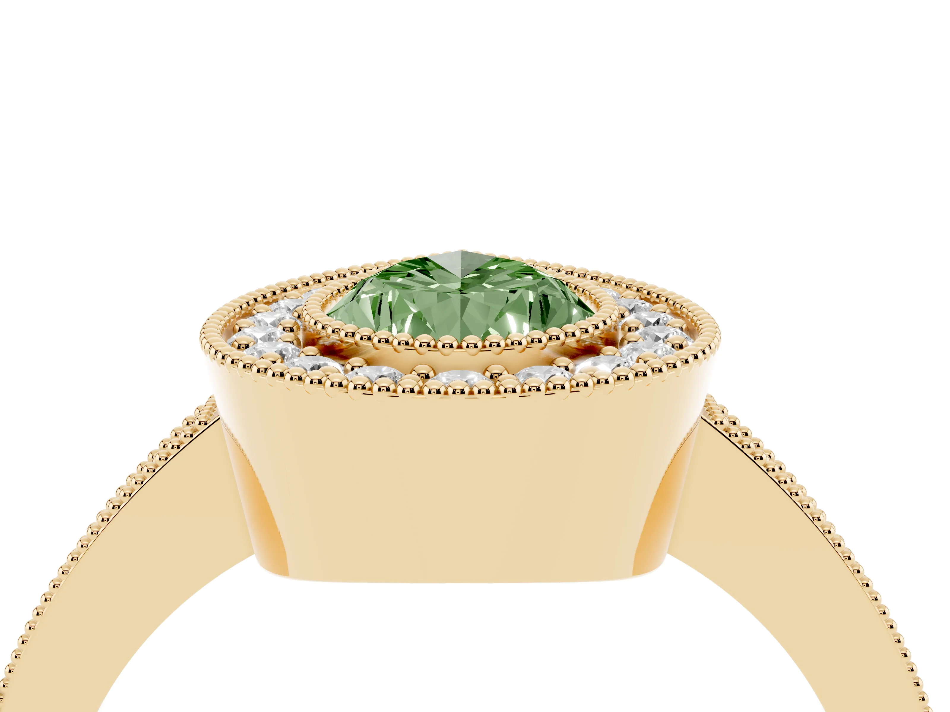 Fancy Green Pear Cut Diamond Halo Engagement Ring Set in Yellow gold with Pavé Band and Round Halo Stones