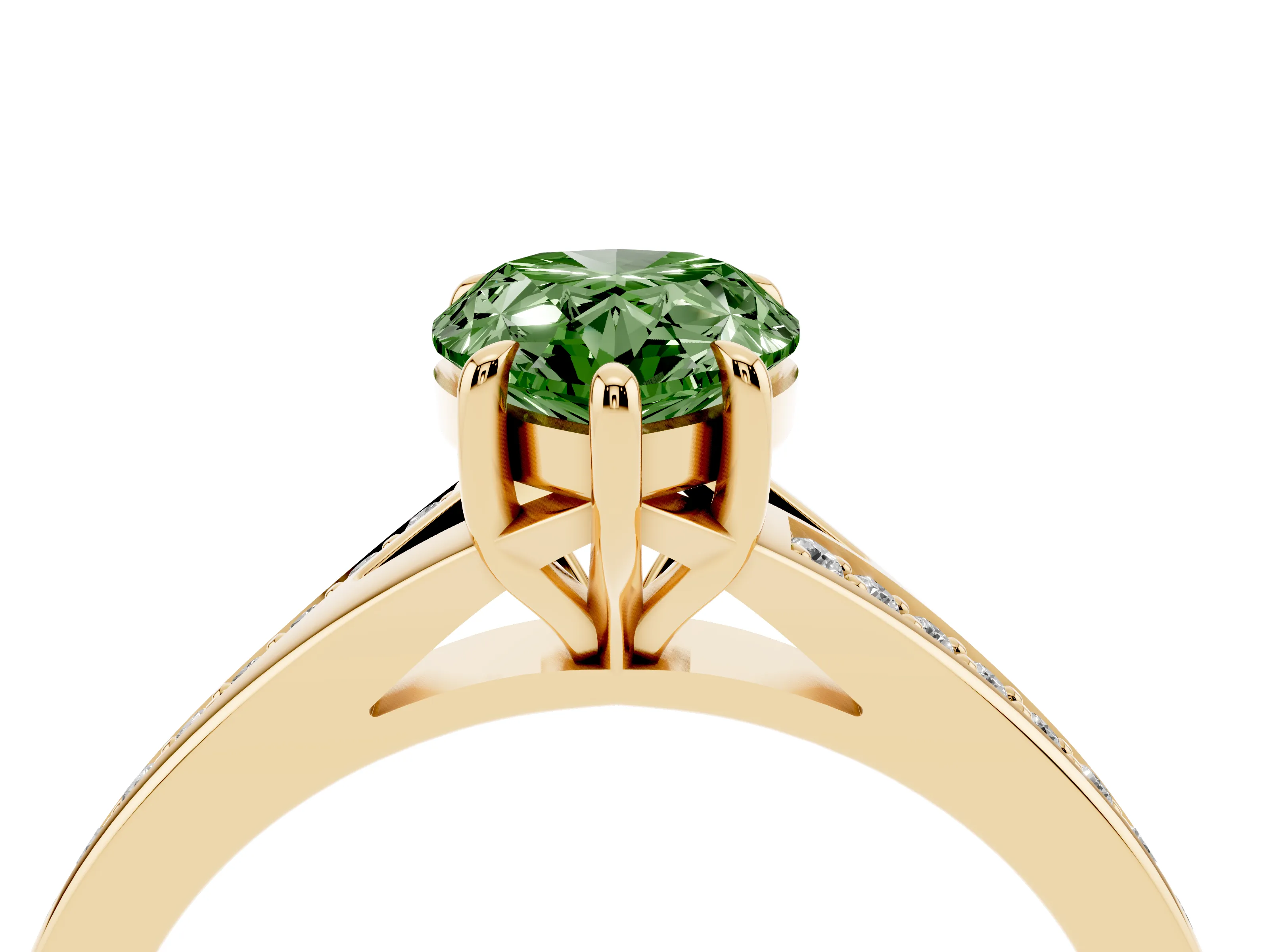 Fancy Green Pear Cut Diamond Solitaire Ring Set in Yellow gold with Pavé Accent Band and Classic Prong Setting