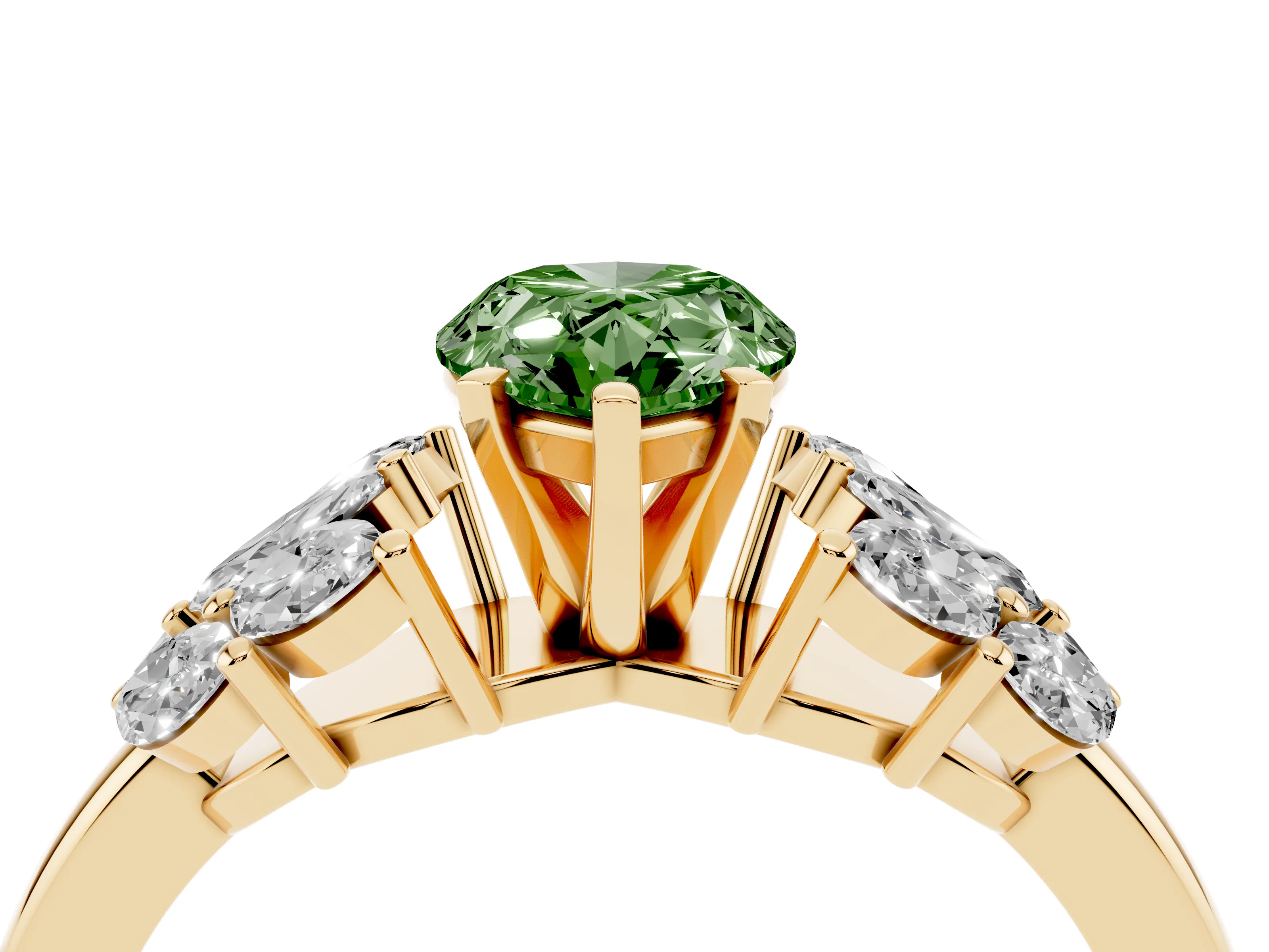 Fancy Green Pear Cut Diamond Cluster Leaf Design Ring Set in Yellow gold with Prong Setting