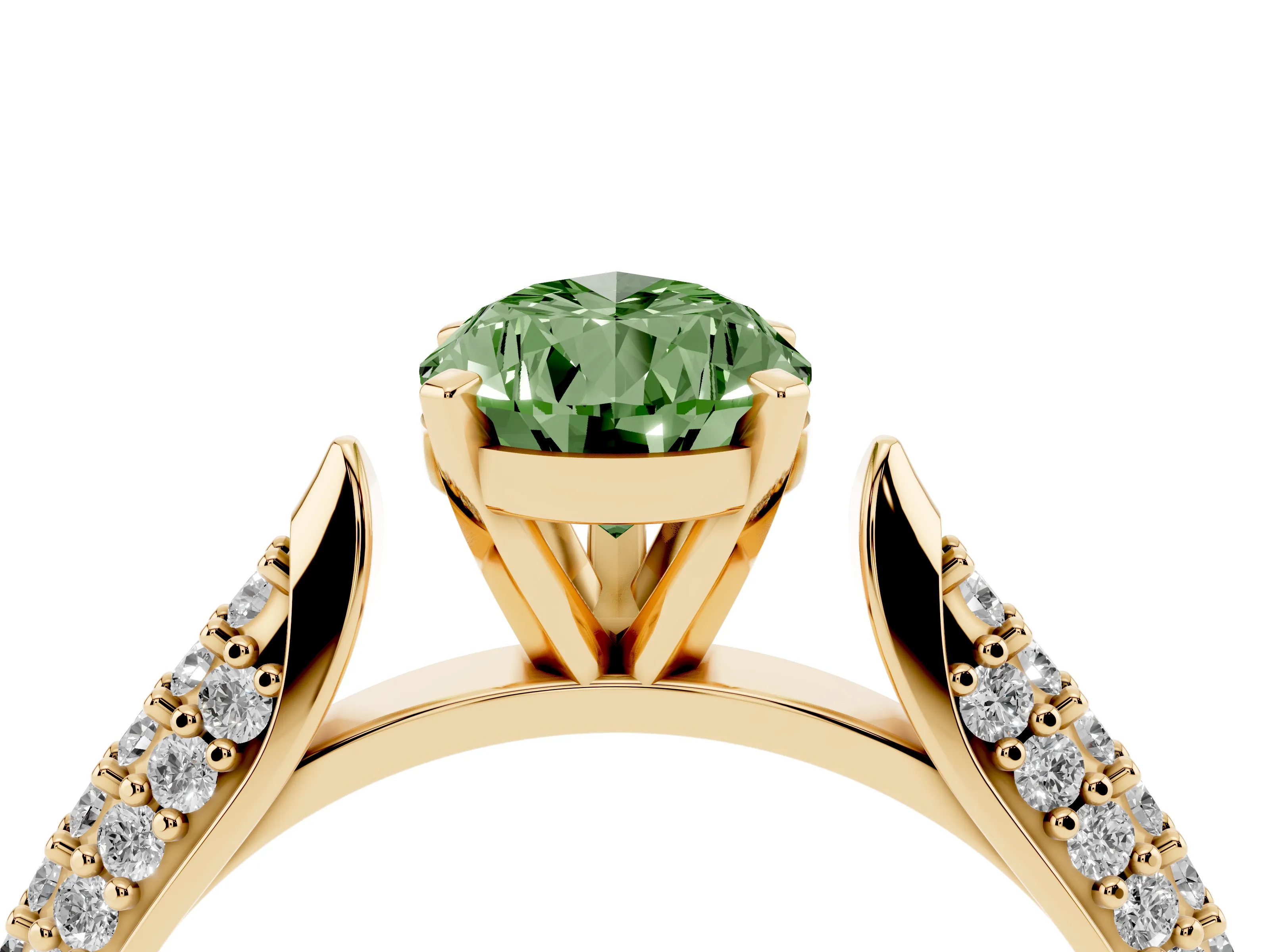 Fancy Green Pear Cut Diamond Solitaire Engagement Ring Set in Yellow gold with Multi-Row Round Pavé Band and Prong Setting