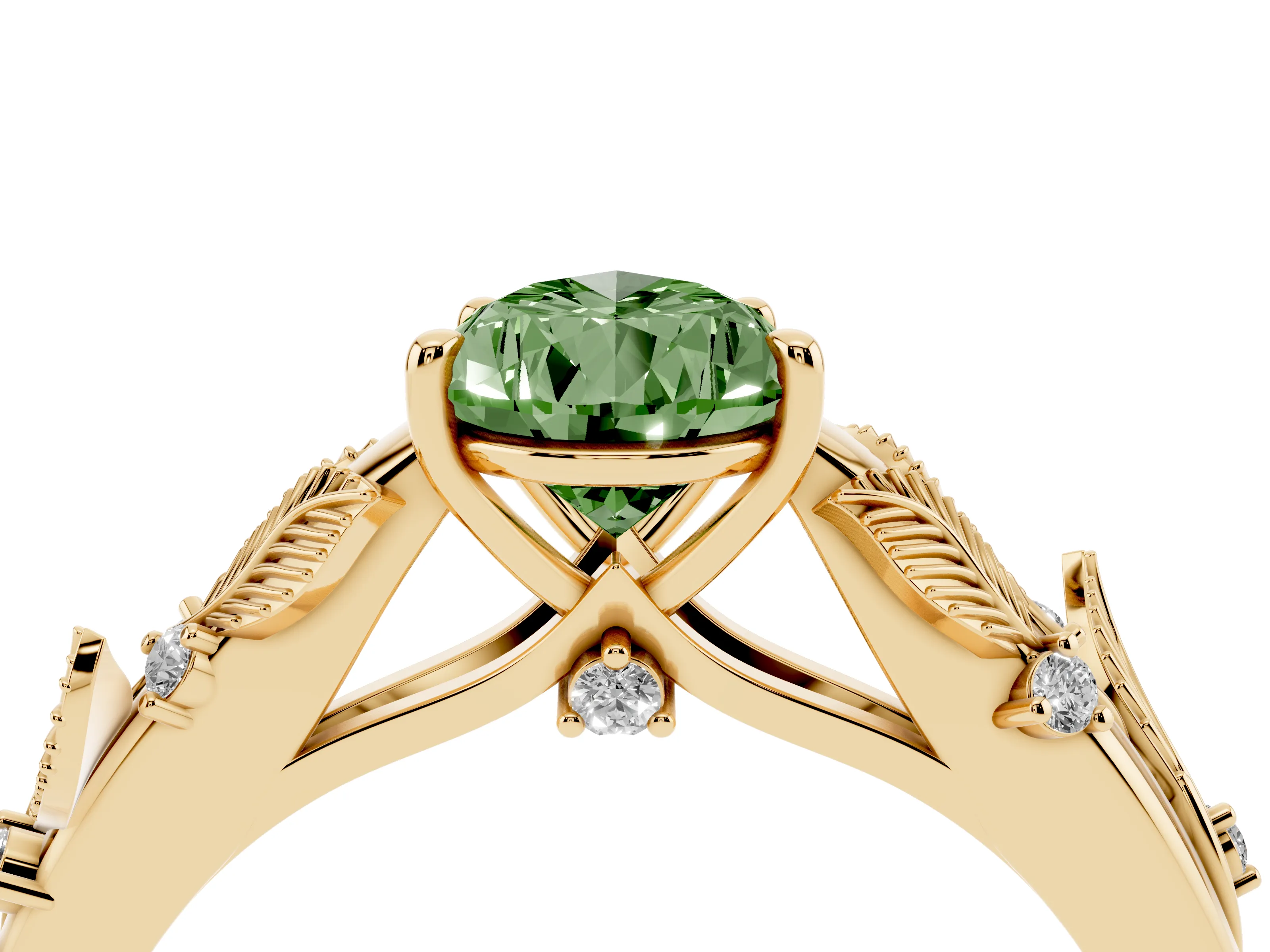 Pear-Shaped Leaf Solitaire Engagement Ring Setting for a Fancy Green Lab-Grown Diamond | Yellow Gold
