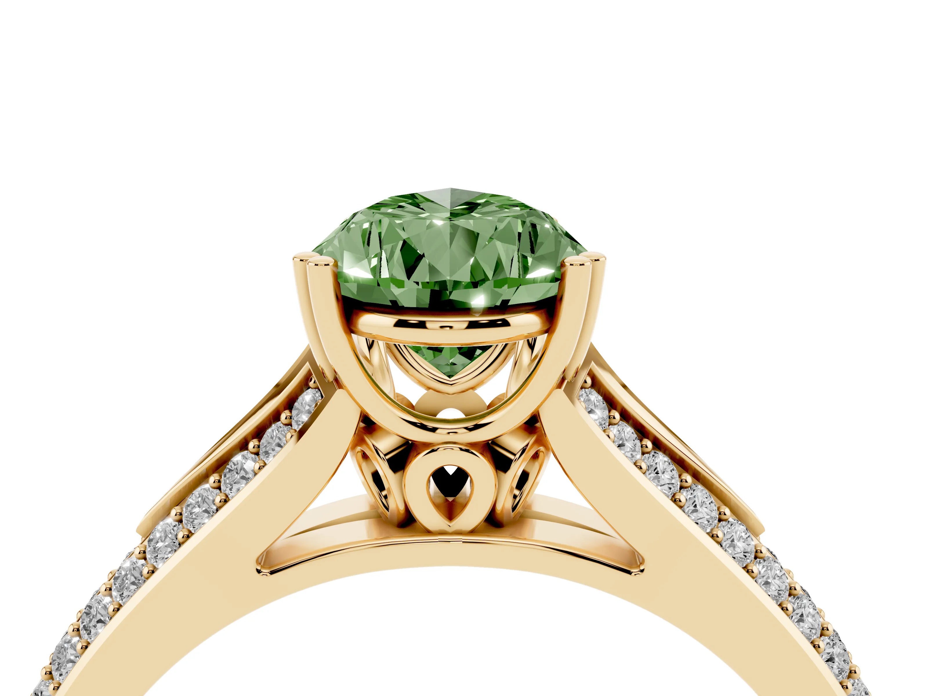 Fancy Green Pear Cut Diamond Split Shank Pavé Engagement Ring Set in Yellow gold with Prong-Set Center Stone