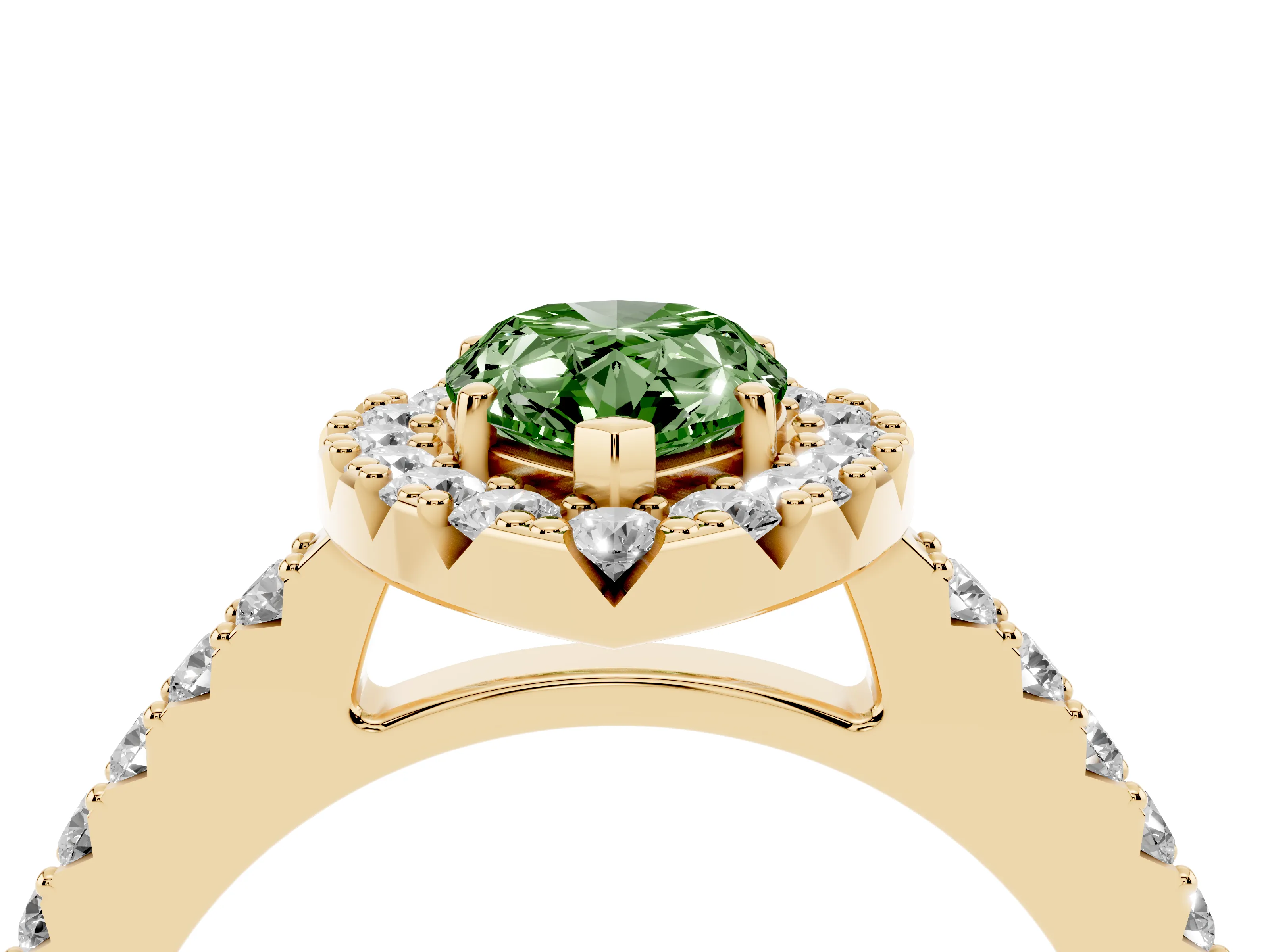 Fancy Green Pear Cut Diamond Halo Pavé Solitaire Ring Set in Yellow gold with Prong-Set Center Stone