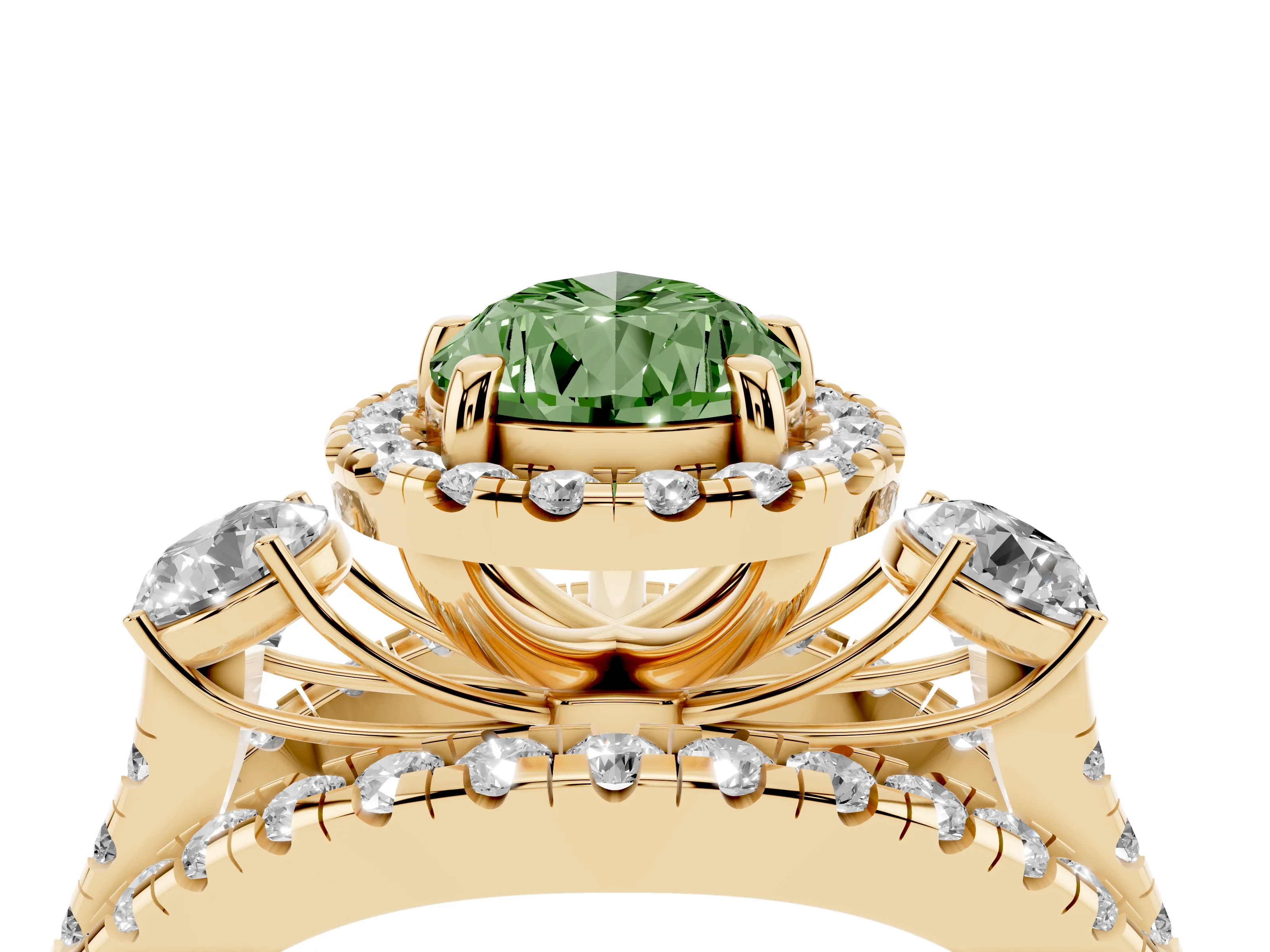 Fancy Green Pear Cut Diamond Halo Split Shank Ring Set in Yellow gold with Round Accent Stones and Prong Setting