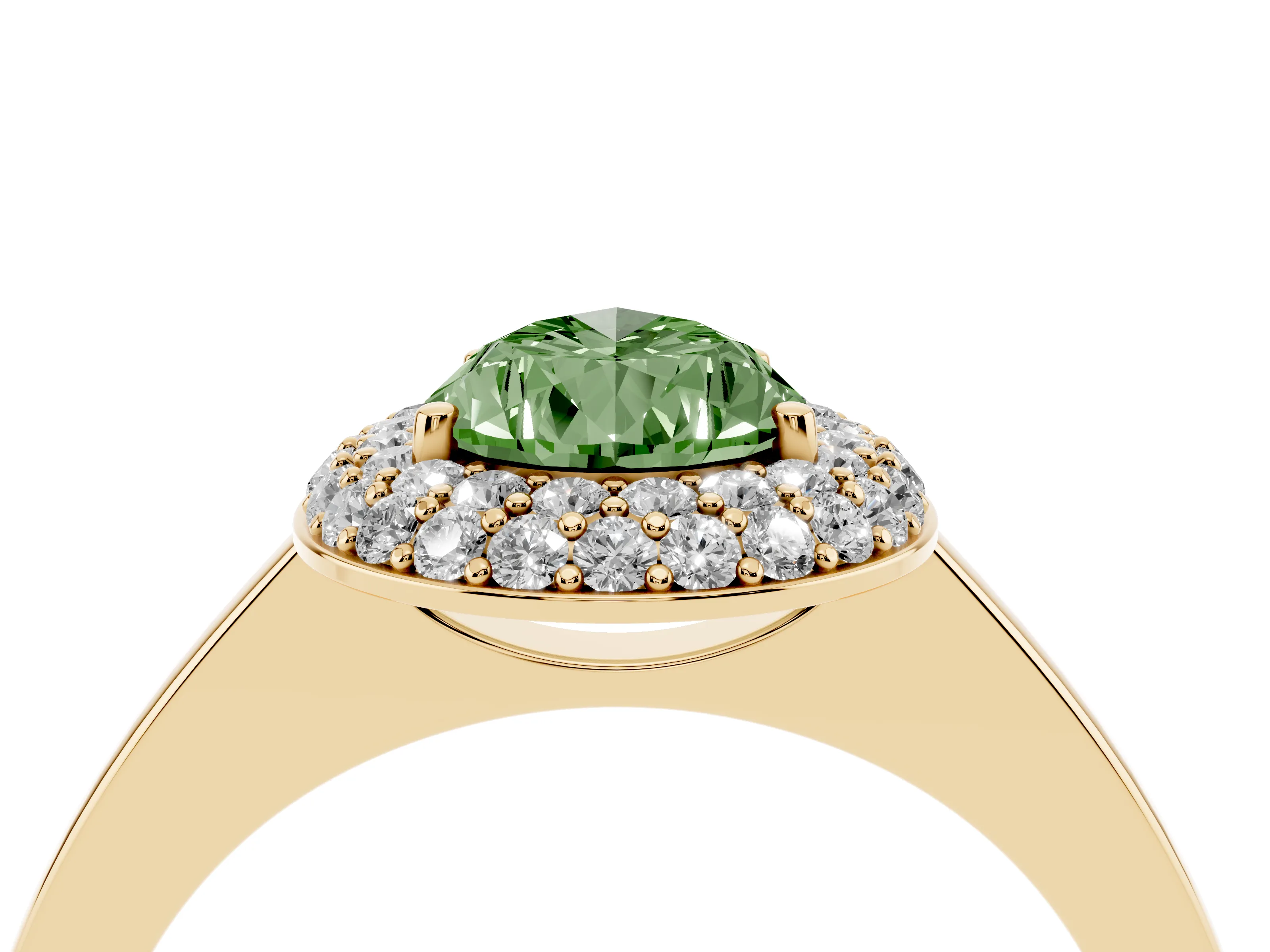 Fancy Green Pear Cut Diamond Halo Engagement Ring Set in Yellow gold with Solitaire Band and Prong Setting