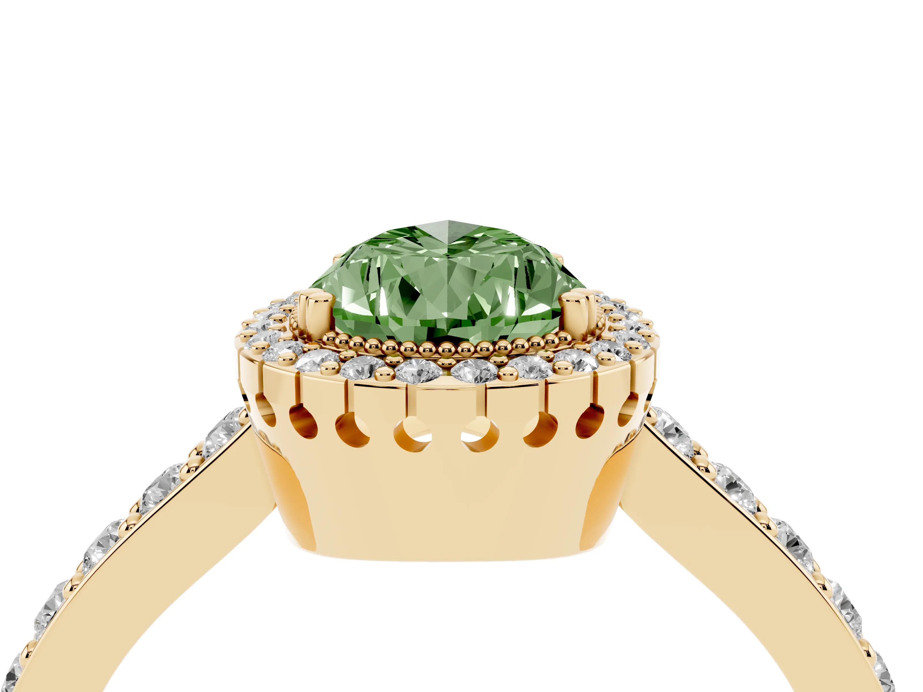 Fancy Green Pear Cut Diamond Halo Engagement Ring Set in Yellow gold with Milgrain Detail and Pavé Band