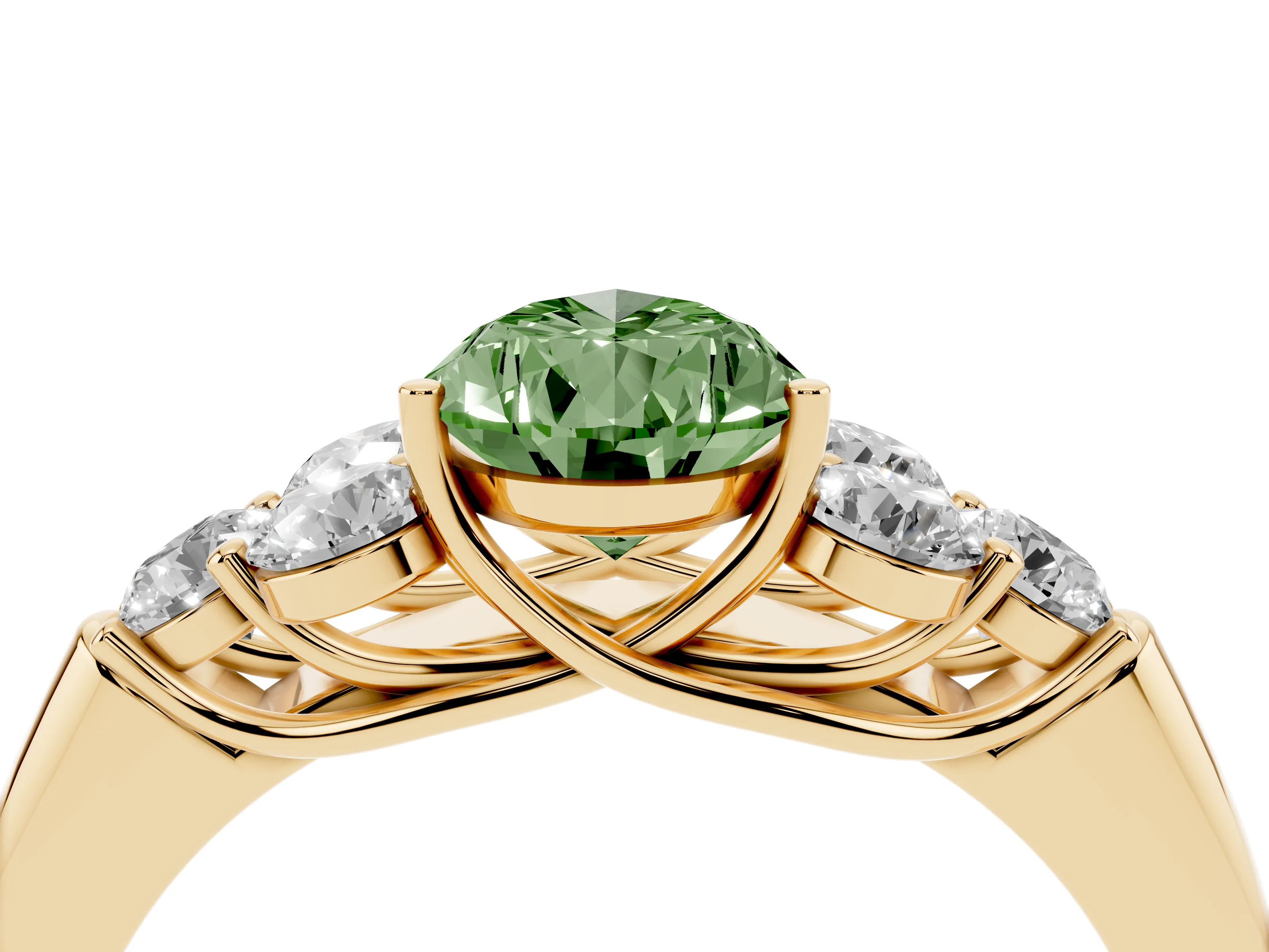 Fancy Green Pear Cut Diamond Cluster Ring Set in Yellow gold with Round Accent Stones and Prong Setting on a Plain Band