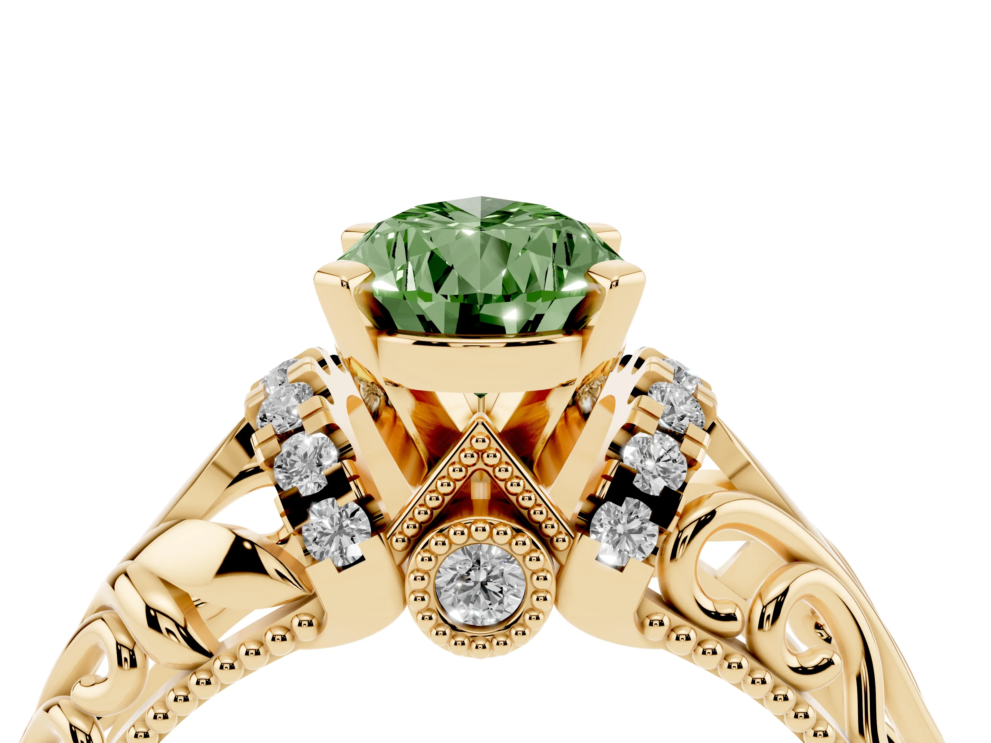Fancy Green Pear Cut Diamond Filigree Halo Engagement Ring Set in Yellow gold with Prong Setting