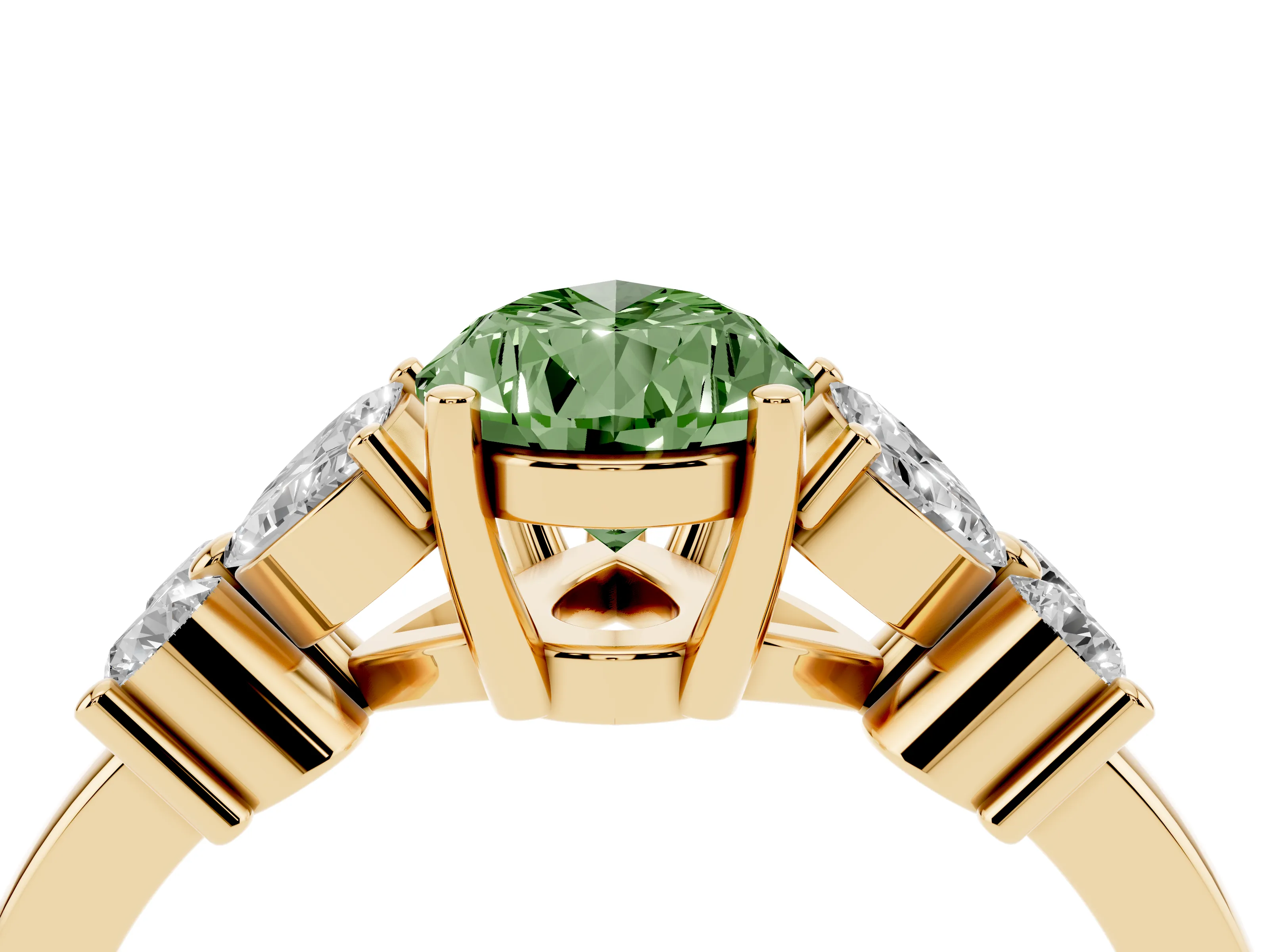 Fancy Green Pear Cut Diamond Floral Cluster Ring Set in Yellow gold with Marquise Petals and Prong Setting