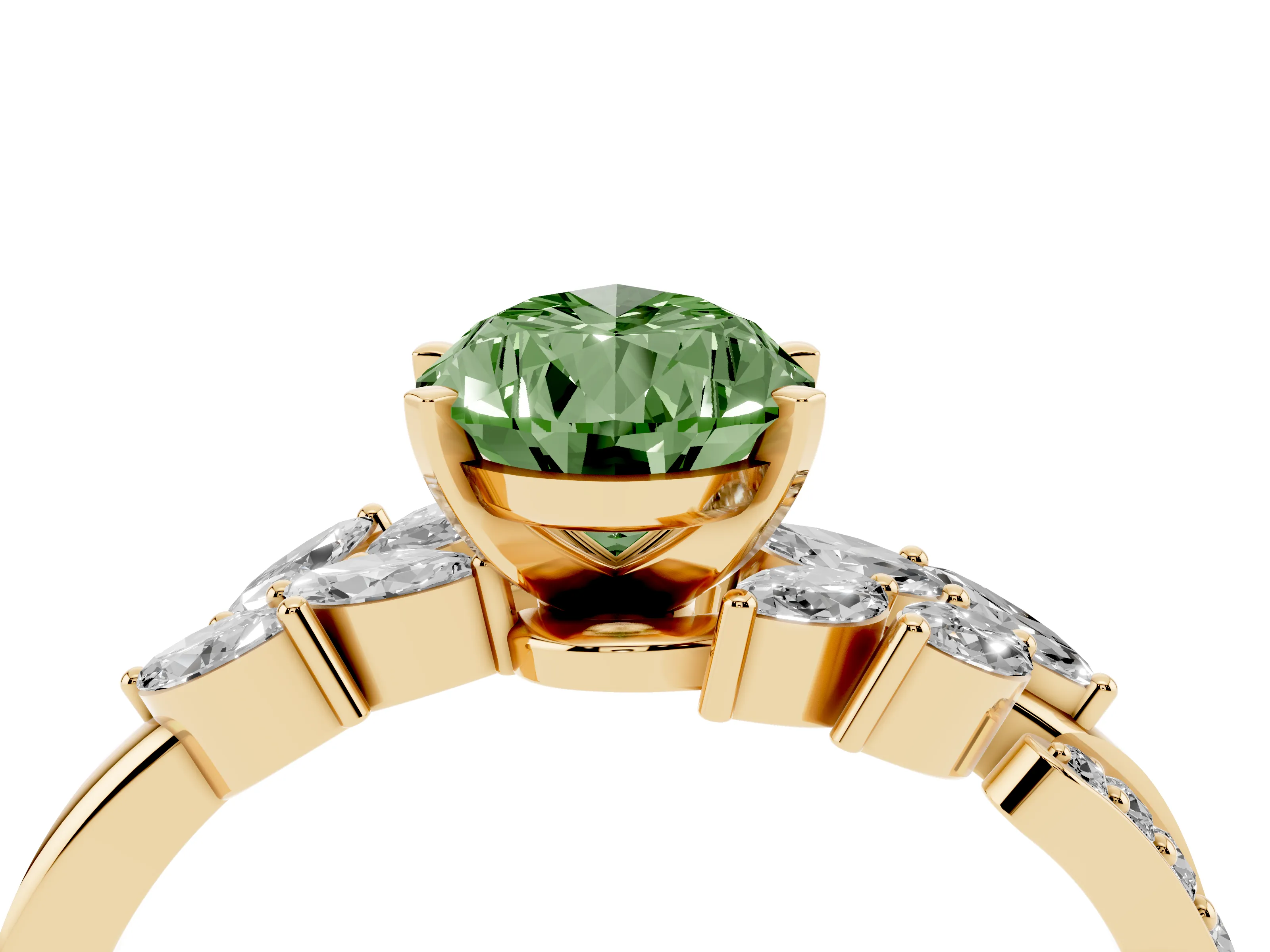 Fancy Green Pear Cut Diamond Solitaire Ring Set in Yellow gold with Marquise Twist Band and Prong Setting