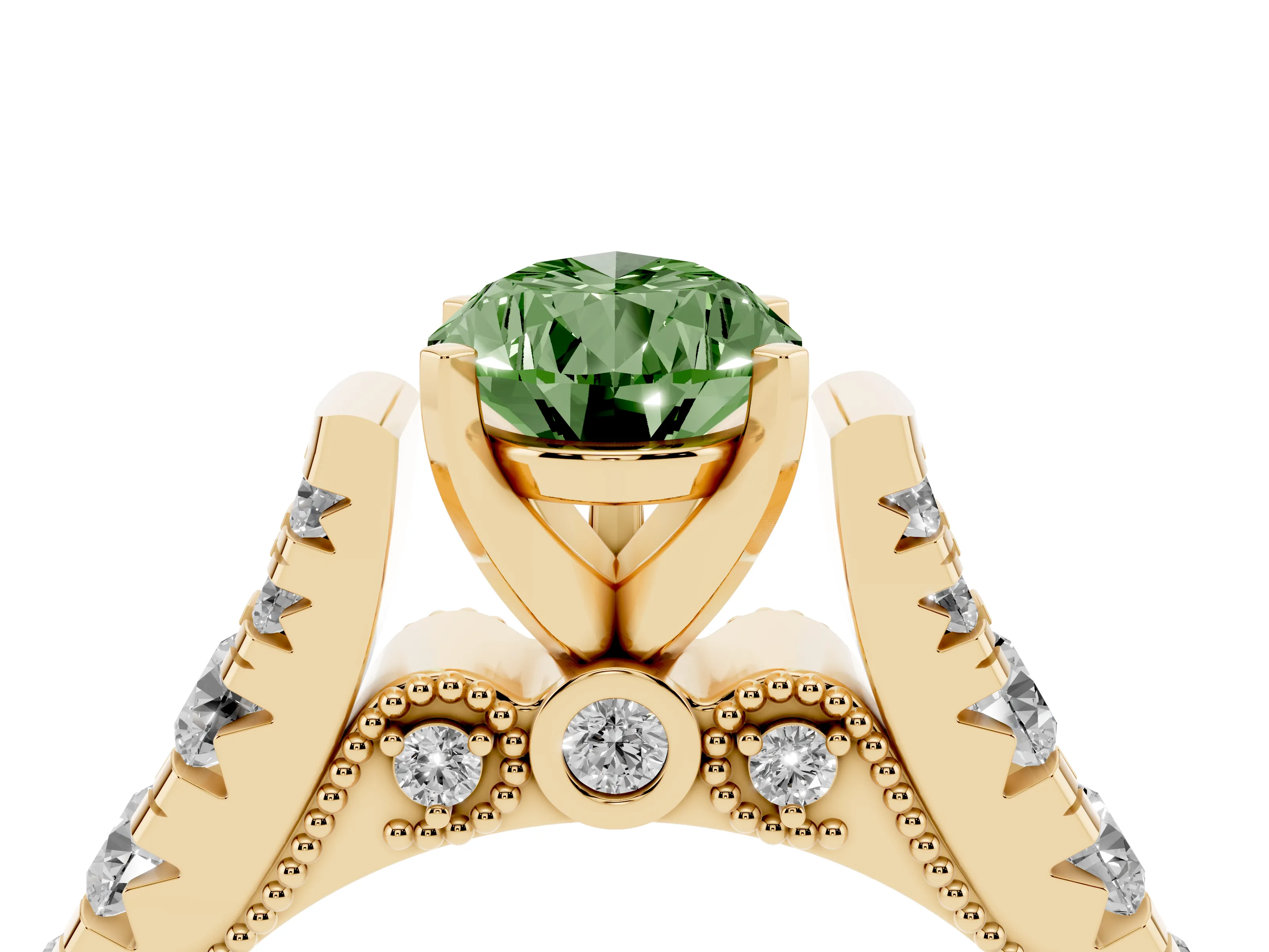 Fancy Green Pear Cut Diamond Classic Solitaire Ring Set in Yellow gold with Pavé Band and Prong Setting