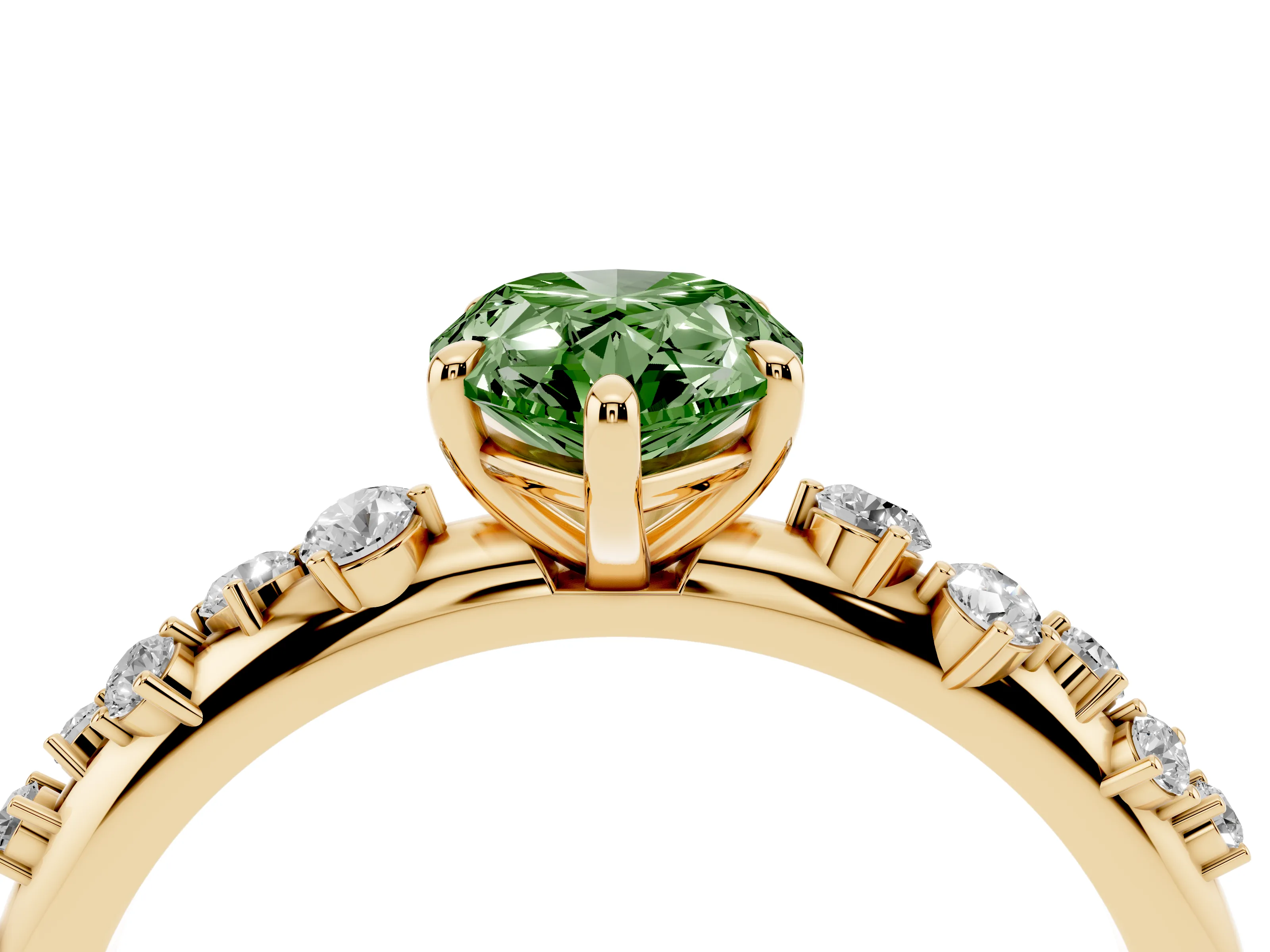 Fancy Green Pear Cut Diamond Cluster Solitaire Ring Set in Yellow gold with Prong Setting
