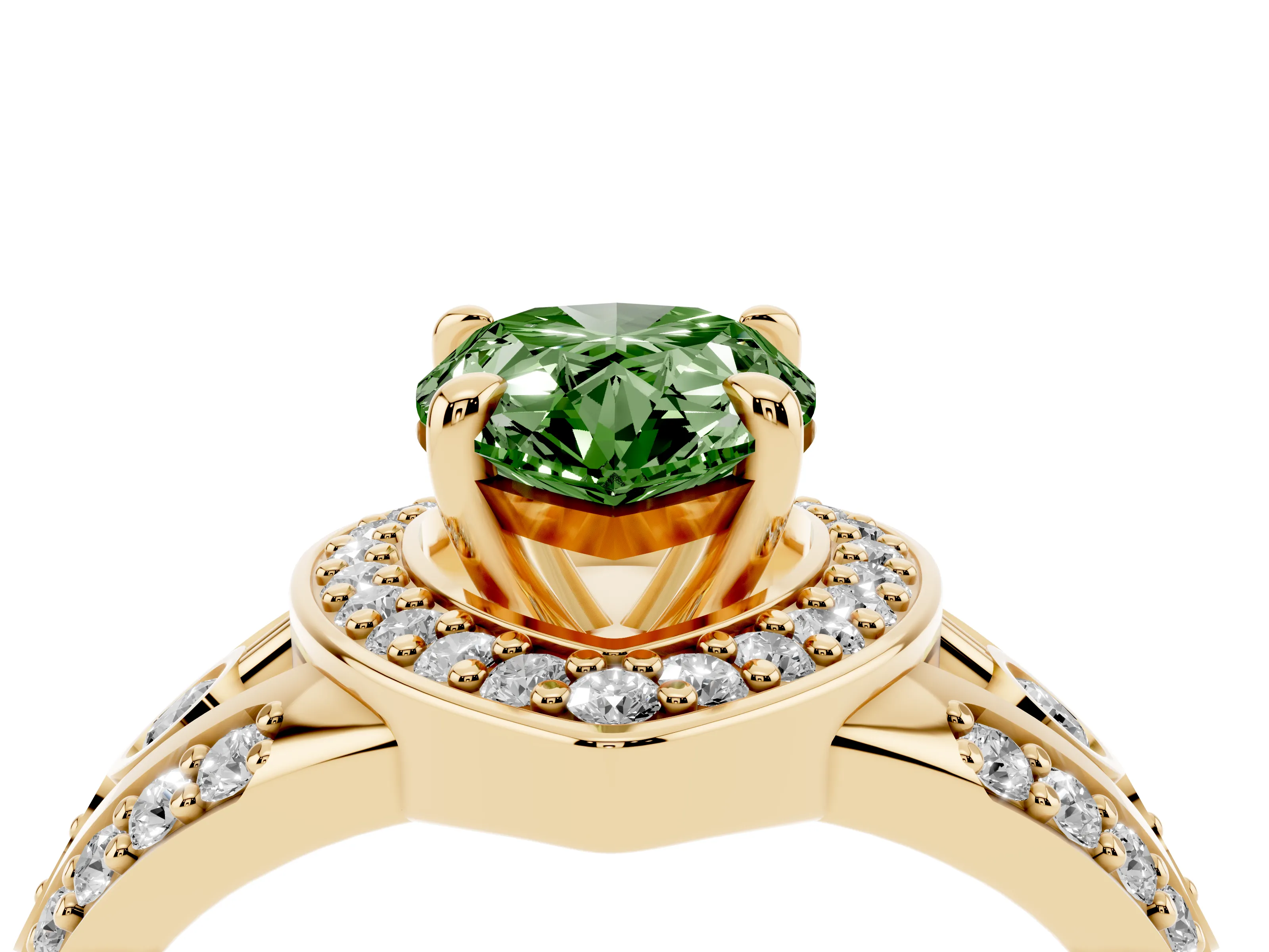 Fancy Green Pear Cut Diamond Halo Ring Set in Yellow gold with Pavé Split Shank and Bezel Accents
