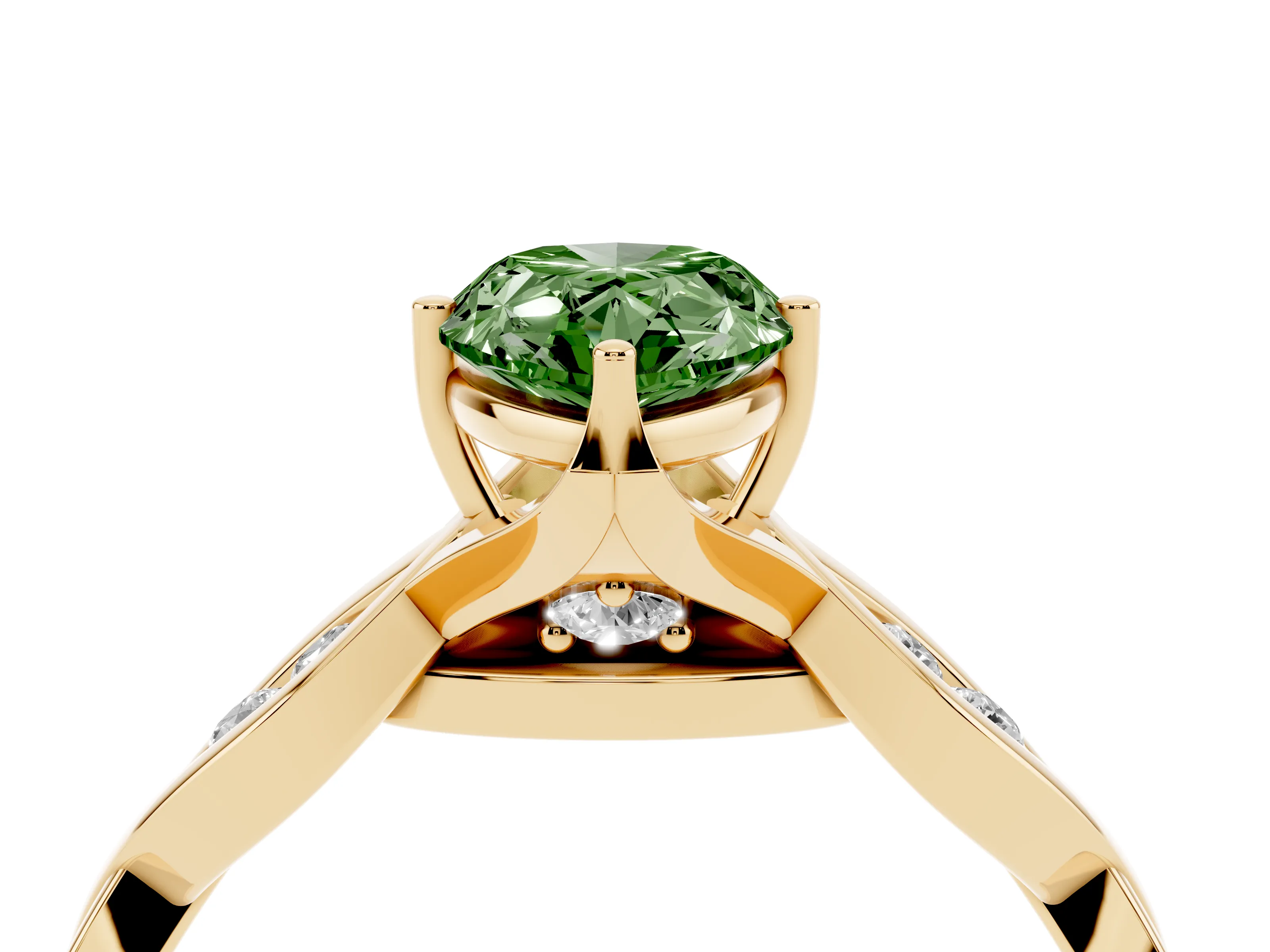 Fancy Green Pear Cut Diamond Twist Band Solitaire Ring Set in Yellow gold with Leaf Prong Setting and Accent Stones