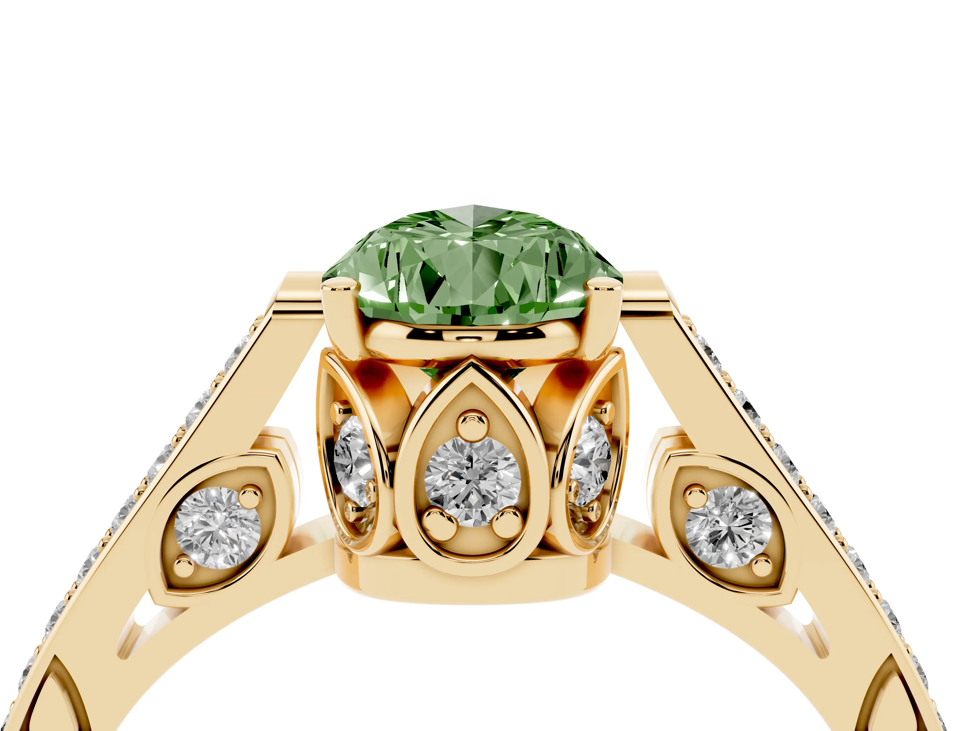 Fancy Green Pear Cut Diamond Cathedral Pavé Engagement Ring Set in Yellow gold with Prong Setting