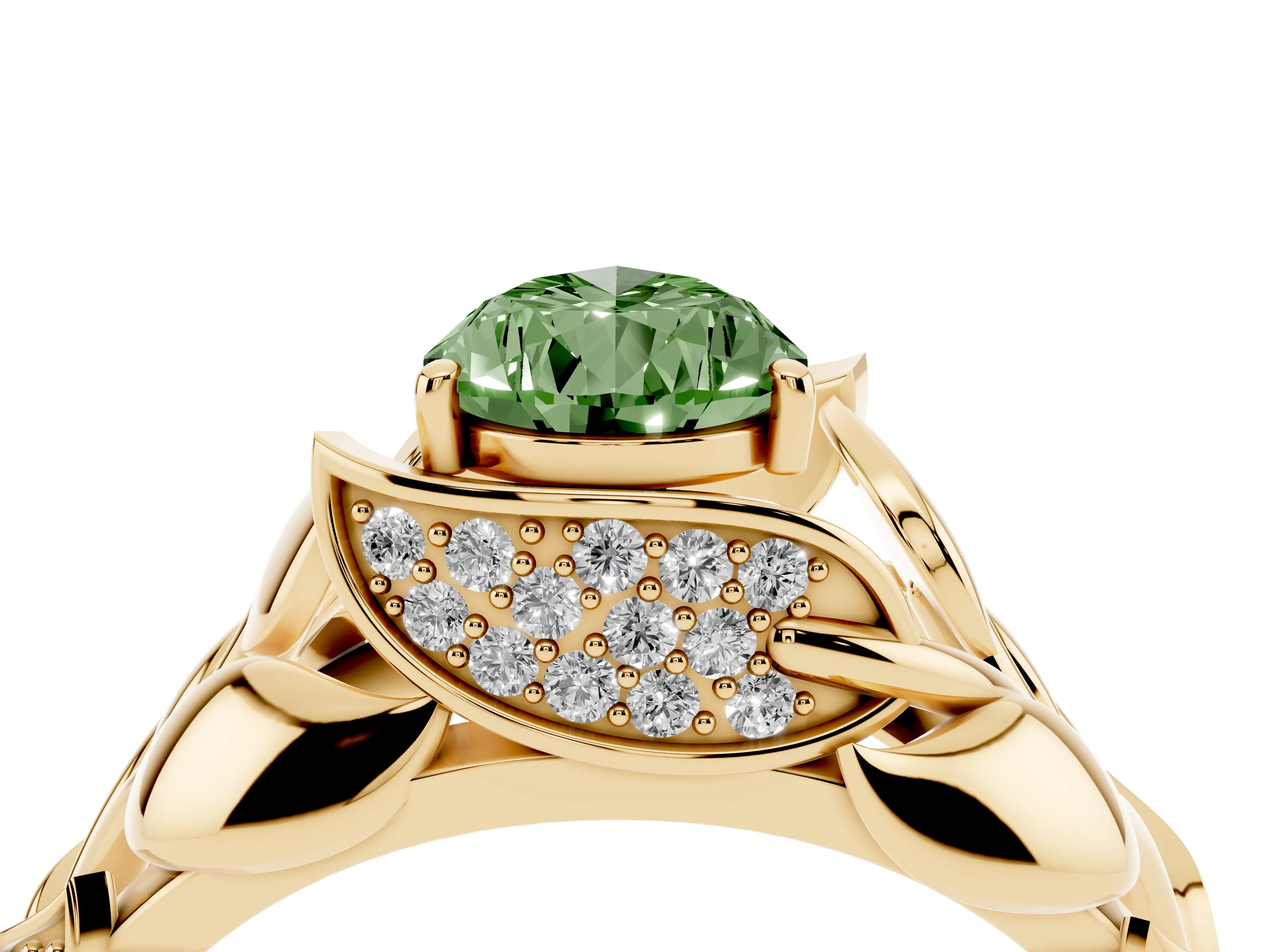 Fancy Green Pear Cut Diamond Leaf-Inspired Engagement Ring Set in Yellow gold with Round Accents