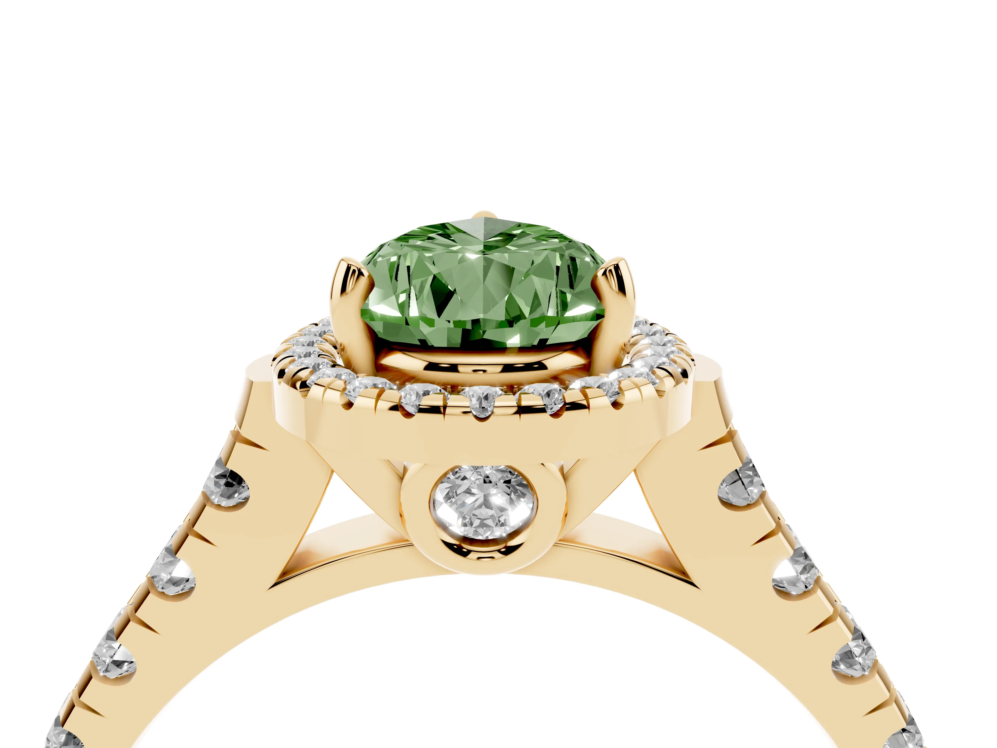 Fancy Green Pear Cut Diamond Halo Engagement Ring Set in Yellow gold with Pavé Band and Prong-Set Center