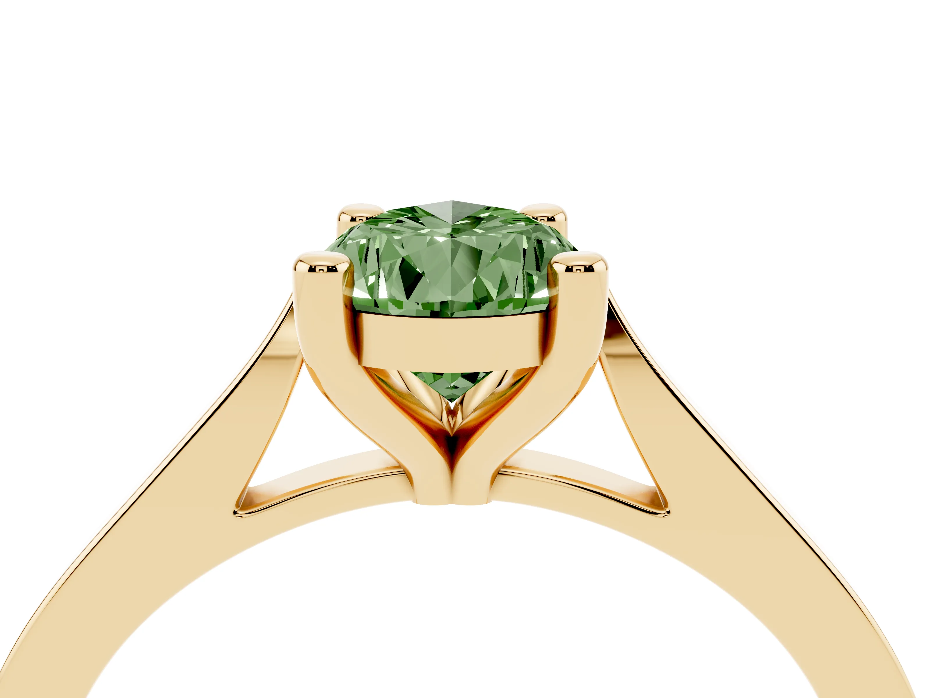 Fancy Green Pear Cut Diamond Solitaire Ring Set in Yellow gold with Prong Setting and Tapered Band