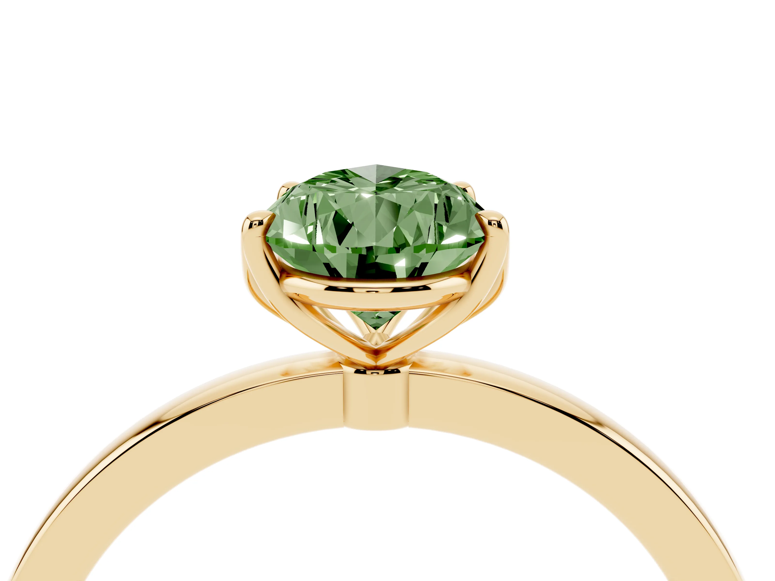 Fancy Green Pear Cut Diamond Solitaire Ring Set in Yellow gold with Prong Setting and Thin Polished Band